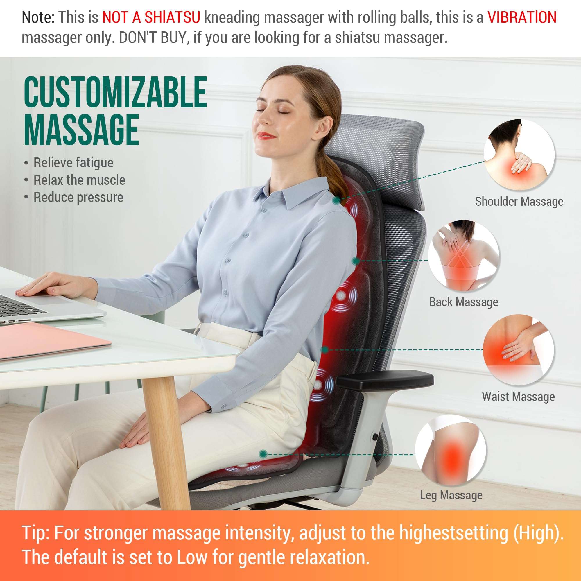 Snailax Vibration Back Massager with Heat, Massage Seat Cushion with 6 Vibrating Motors and 2 Heat Levels, Massage Chair Pad for Home Office use, Gifts for Him Her - Image 3
