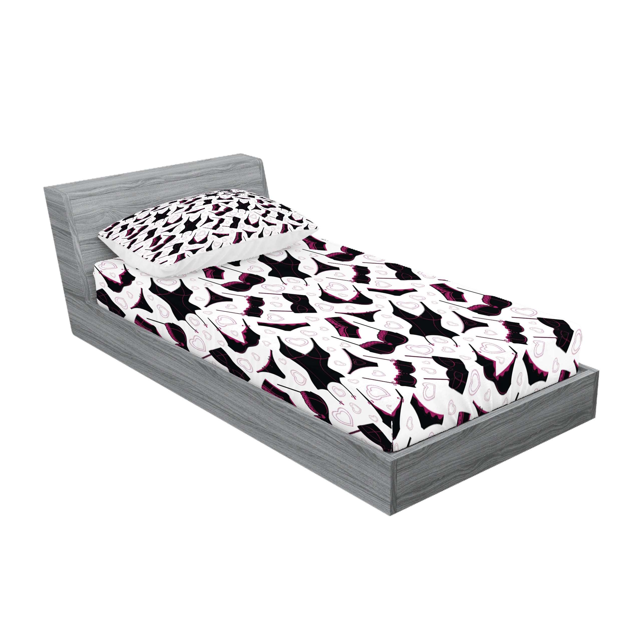 Ambesonne Retro Fitted Sheet & Pillow Sham Set, Lingerie Pattern Brassiere and Panties with Hearts Women`s Fashion Underwear, Decorative Printed 2 Piece Bedding Decor Set, Twinxl, Black Fuchsia White - Image 2