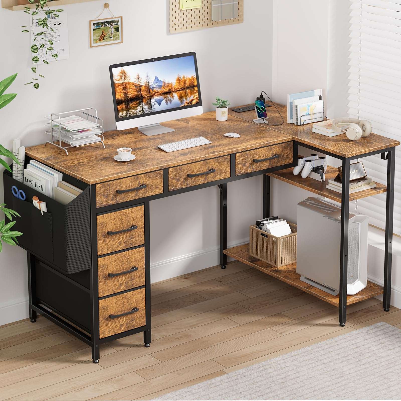Lufeiya L Shaped Computer Desk with Drawers - 48 Inch Office Desk with Shelves Storage, Reversible Corner PC Desks with Power Outlet for Home Office, Bed Room, Writing Workstation, Brown - Image 2