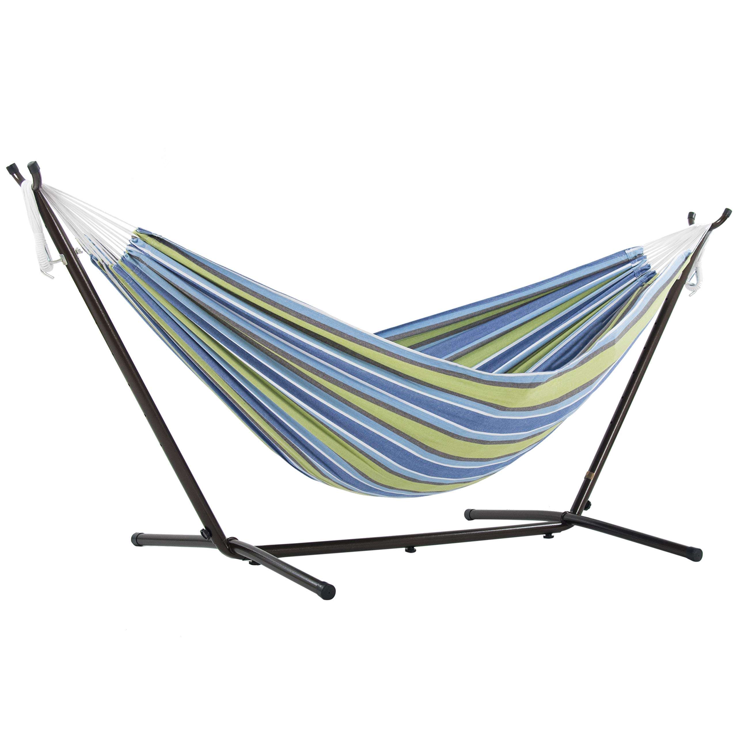 Vivere Double Cotton Hammock with Space Saving Steel Stand, Upgraded Polyester End Strings 450 lb Capacity - Premium Carry Bag Included - USA Grown Cotton (Oasis) - Image 3