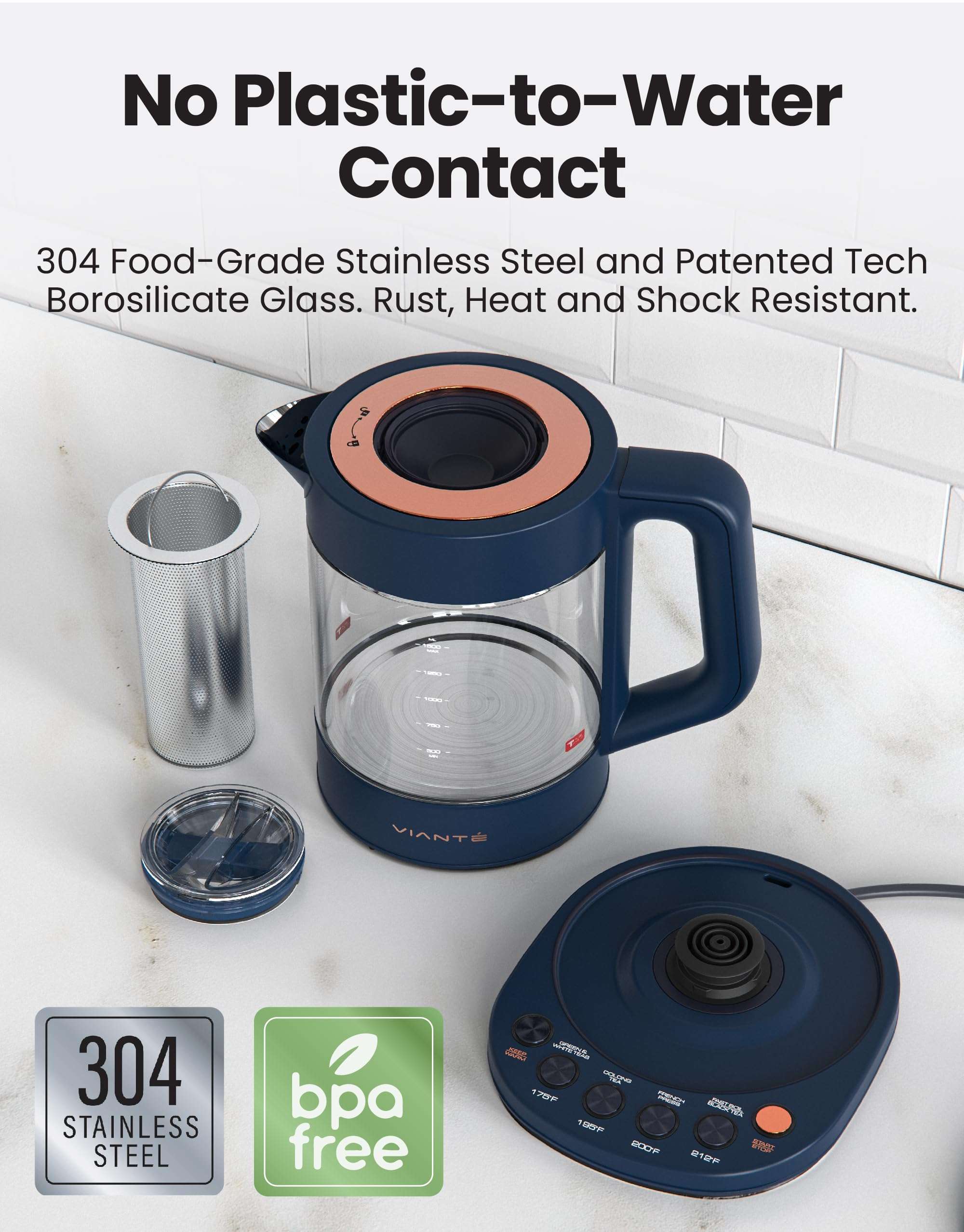 Vianté Electric Kettle With Infuser For Loose Leaf Tea. Hot Tea Maker With Temperature Control And Automatic Shut Off. Kettle With Brewing Programs. 1.5 Liters Capacity | Midnight Blue Color - Image 5
