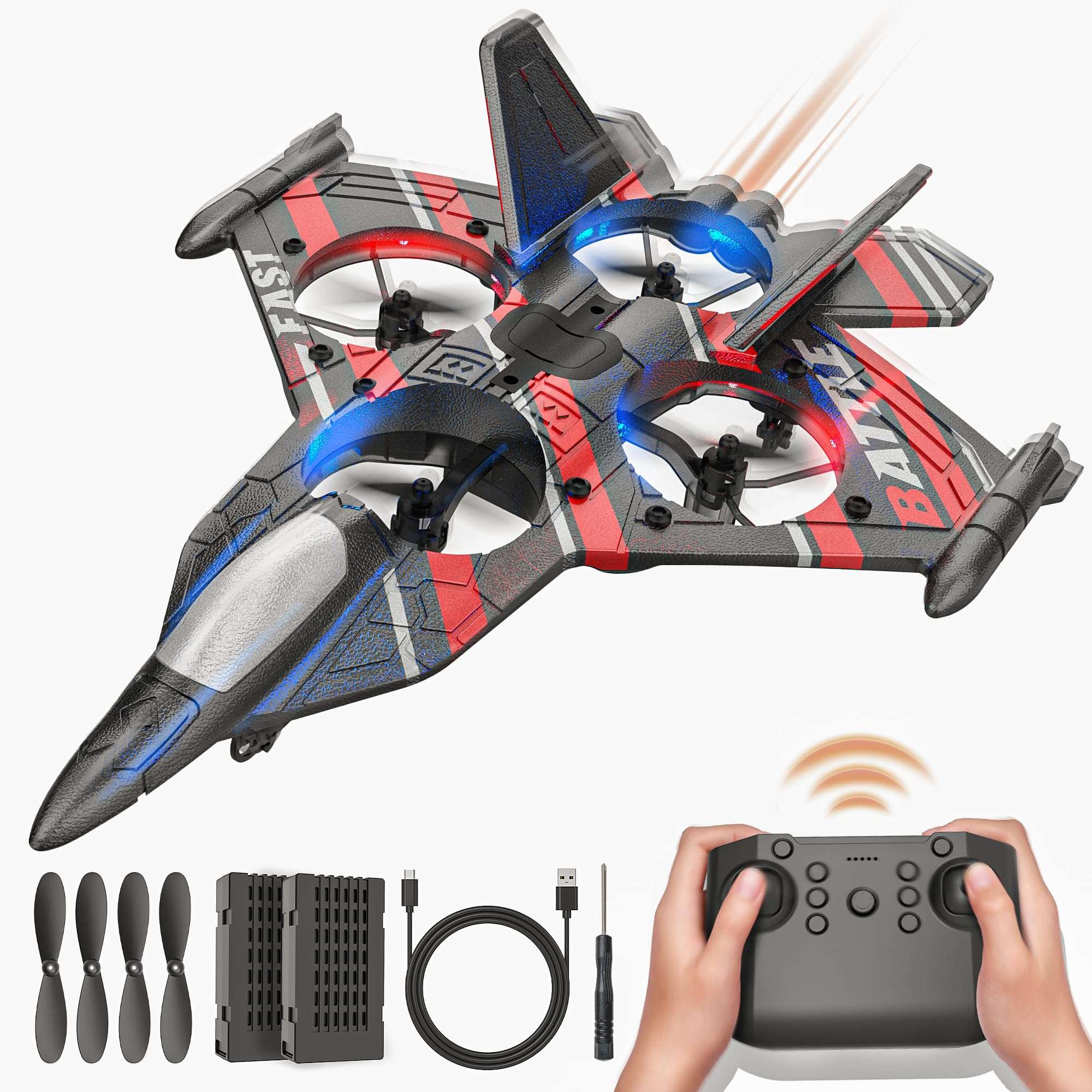 BEZGAR Drones for Kids | 2.4GHZ RC Plane, Remote Control Airplane, RC Helicopter, 360° Flip Fighter Jet Toy, Toys for ages 8-13 with Colorful LED Navigation Lights Red - Image 1