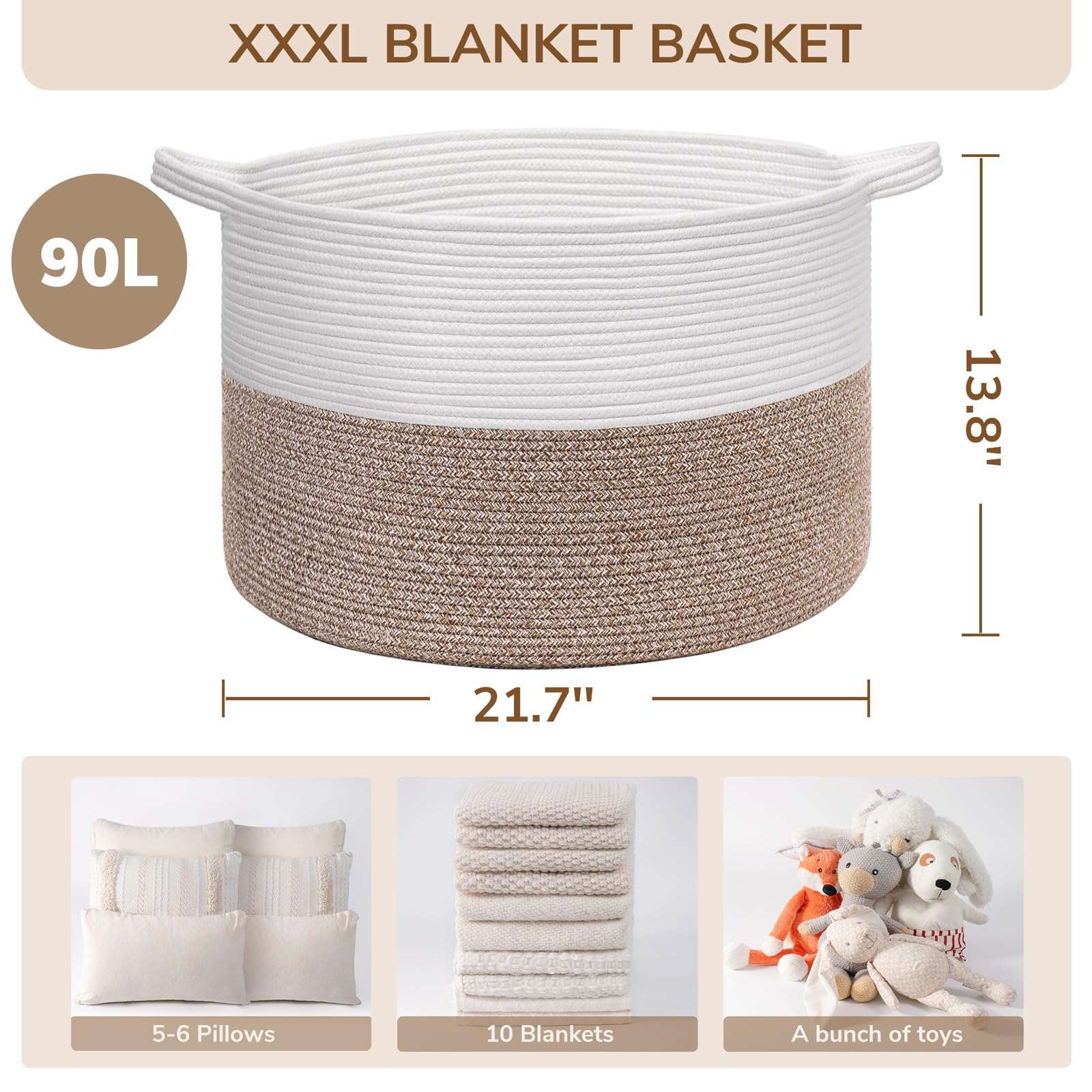 INDRESSME XXXLarge Cotton Rope Basket 21.7" x 21.7" x 13.8" Woven Baby Laundry Blanket Basket Toy Baskets with Handle Storage Comforter Cushions Thread Laundry Hamper Home Decor Living Room - Image 3