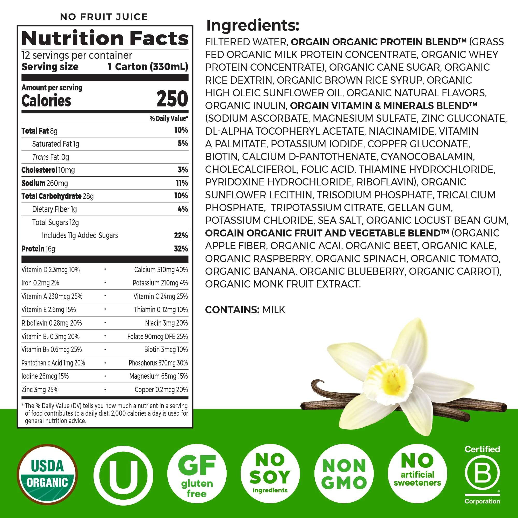 Orgain Organic Nutritional Protein Shake, Vanilla Bean - 16g Grass Fed Whey Protein, Meal Replacement, 20 Vitamins & Minerals, Fruits & Vegetables, Gluten Free, Non-GMO, 11 Fl Oz (12 Pack) - Image 2