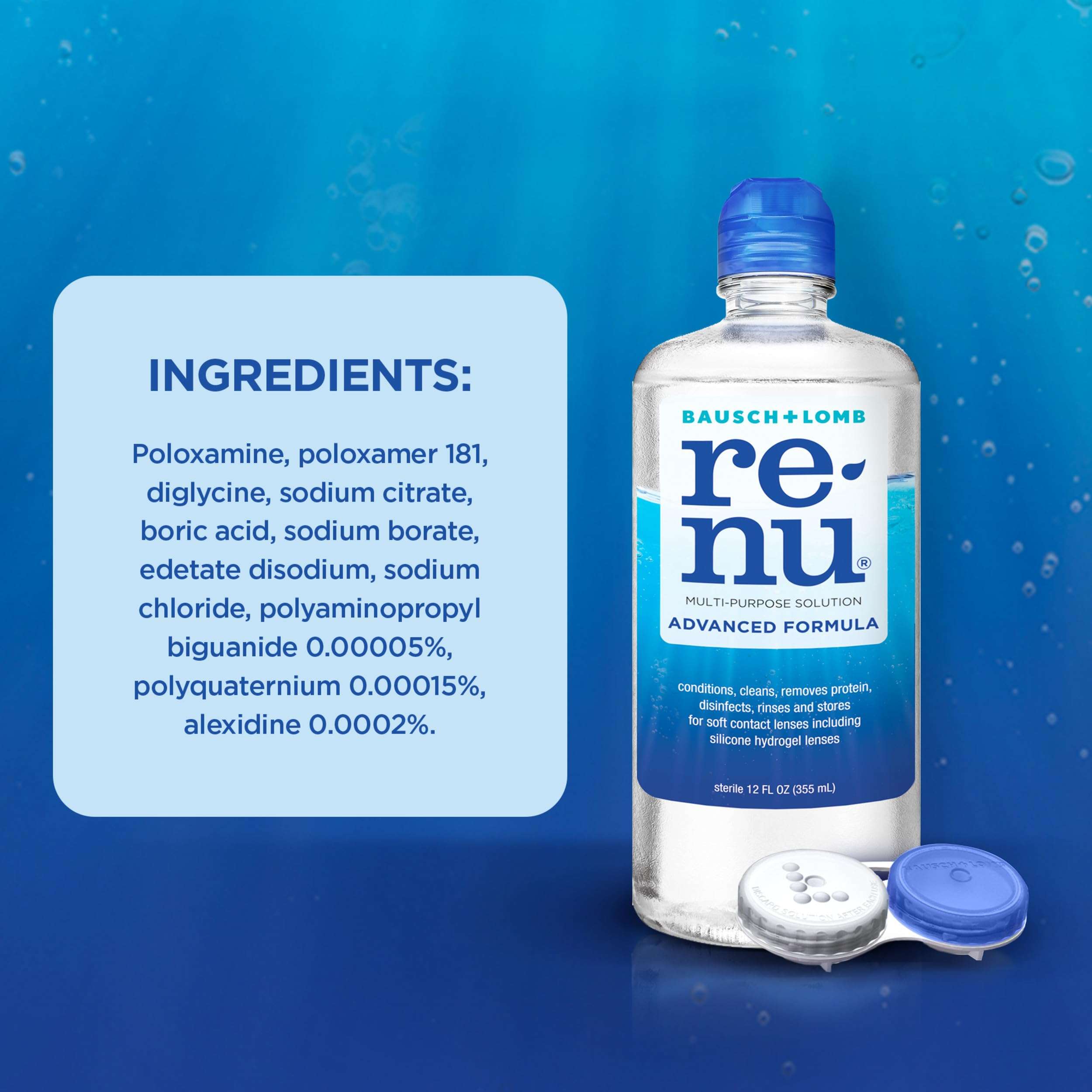 Renu Contact Lens Solution, Advanced Formula Multipurpose Lens Cleaner for Eye Contacts, Cleaning, Moisturizing and Disinfecting Care Two 12 fl. oz. Bottles (24 fl. oz. Total) with Lens Case - Image 5