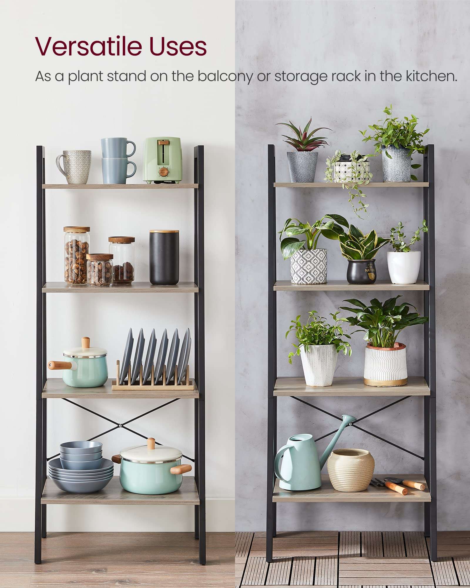 VASAGLE Ladder Shelf, 4-Tier Bookshelf, Storage Rack, Bookcase with Steel Frame, for Living Room, Home Office, Kitchen, Bedroom, Industrial Style, Heather Greige and Ink Black ULLS44MB - Image 9