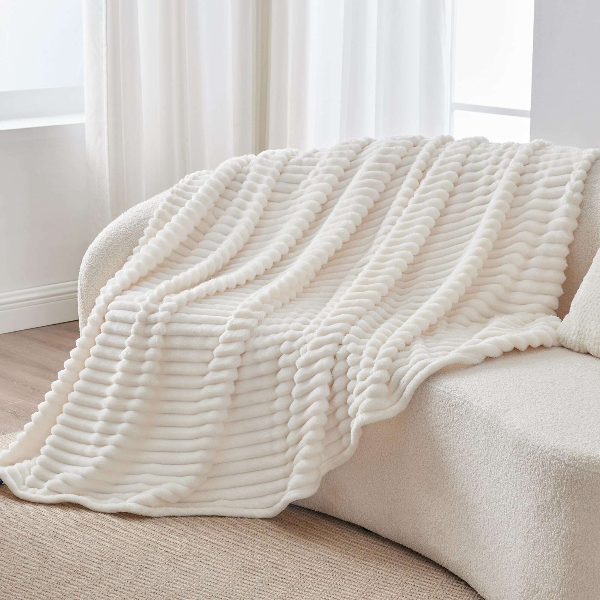 BEDELITE Fleece Throw Blanket for Couch - 300GSM Soft & Warm Fluffy Cream White Blanket, Decorative and Giftable Striped Blankets for Women, Men, 50"x60" - Image 9
