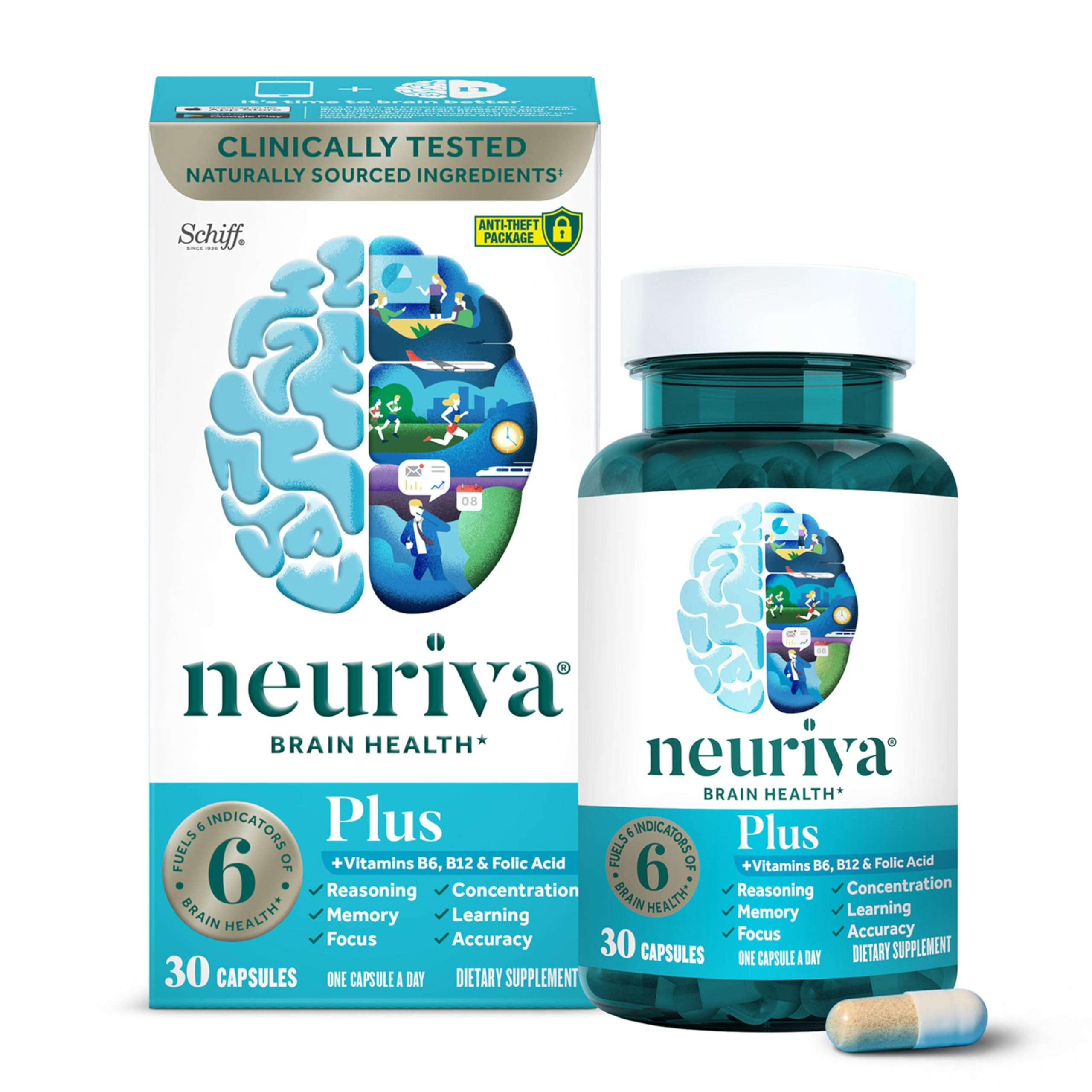 NEURIVA Plus Brain Supplement for Memory and Focus Clinically Tested Nootropics for Concentration for Mental Clarity, Cognitive Enhancement Vitamins B6, B12, Phosphatidylserine 30 Capsules - Image 1