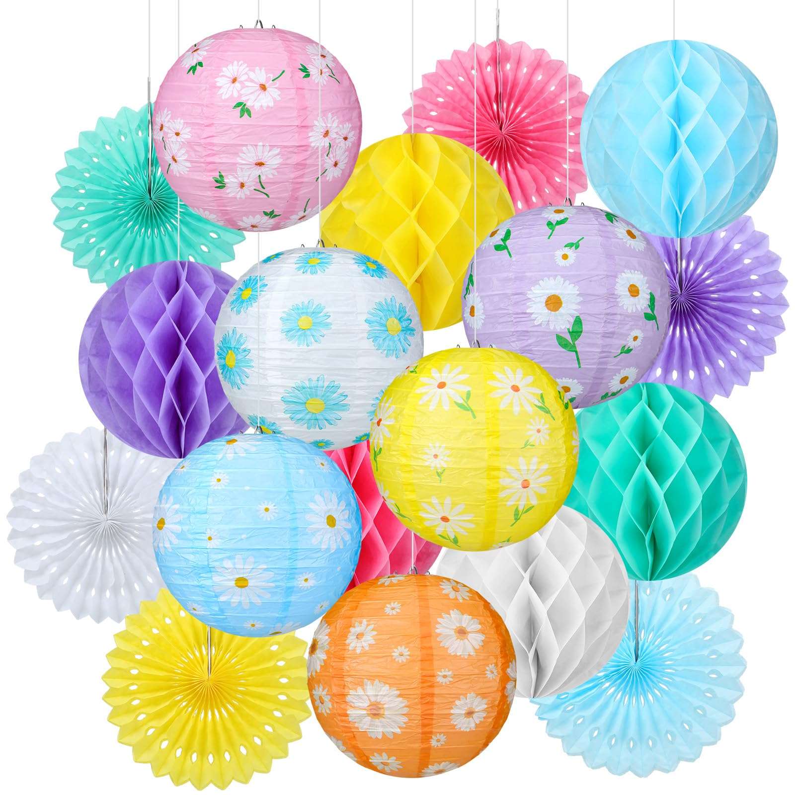Baquler 18 Pcs Daisy Party Decorations Kit Pastel Floral Paper Lanterns Summer Tea Party Hanging Paper Fans Wild Flower Hanging Honeycomb Ball for Classroom Wedding Bridal Shower Decor Supplies - Image 1