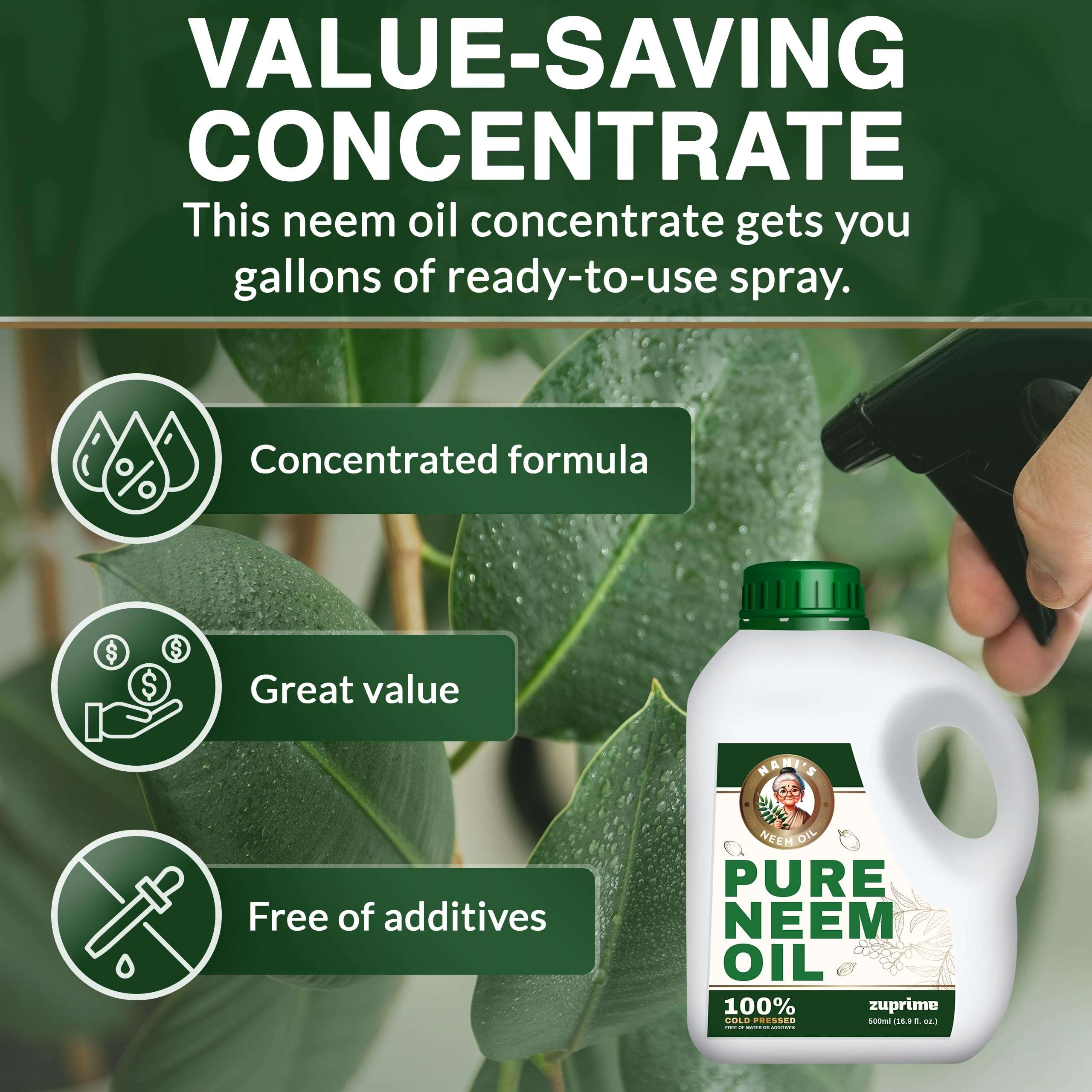 Nani's Pure Neem Oil for Plants Concentrate - Dilute for Use as Organic Neem Oil Spray for Plants, Outdoor & Indoor Use - 100% Cold Pressed - Horticultural Enhanced Plant Health & Shine Need (17 oz) - Image 3