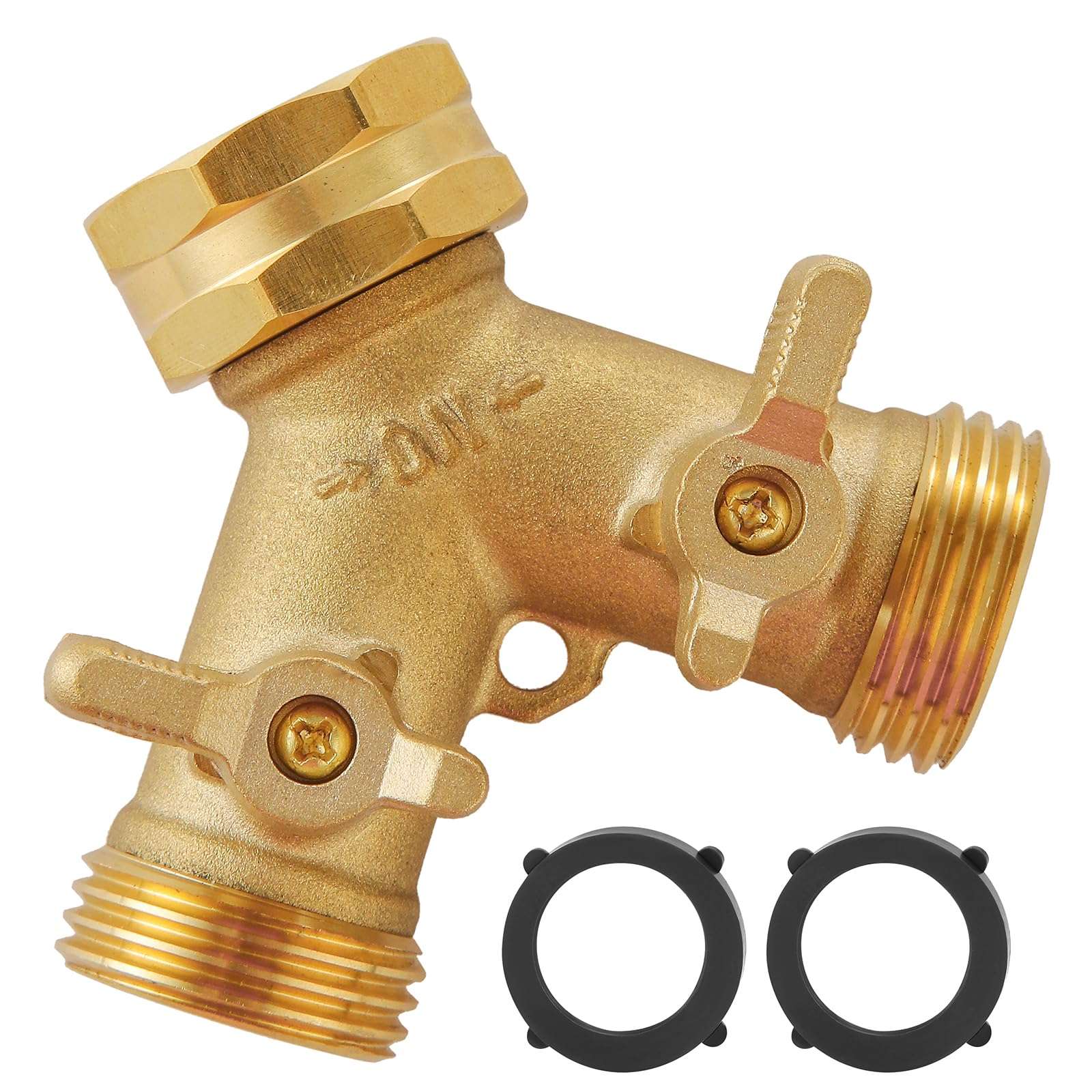 Garden Hose Splitter 2 Way Heavy Duty, Outdoor Faucet Splitter 2 Way, Solid Brass Spigot Splitter Hose Y Splitter with Shutoff Valve - Image 1