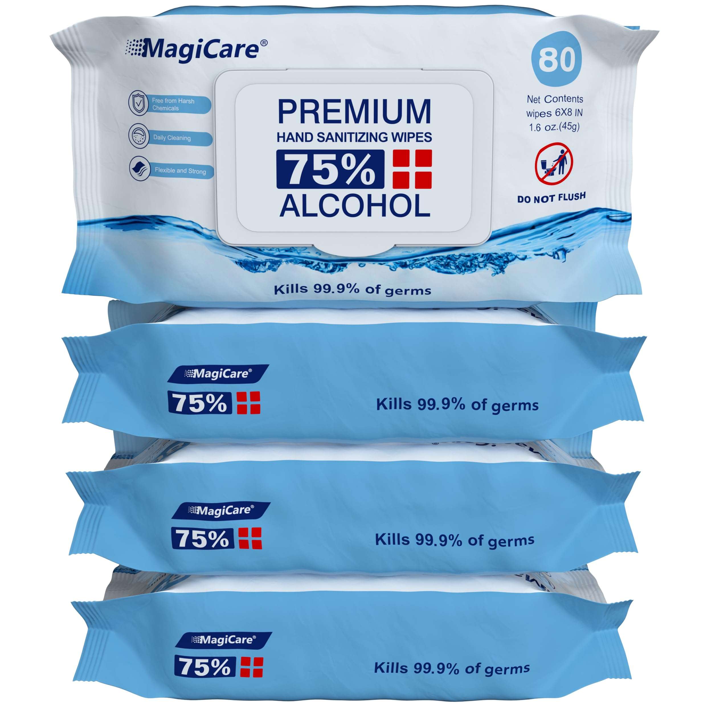 MagiCare 75% Large Alcohol Wipes (4-80ct Packs) - Alcohol Hand Sanitizing Wipes, Premium - Unscented Hand Wipe, Sanitizer Wipe - Travel, Home, Classroom, Camping - 4 Soft Packs (320pcs) - Image 1