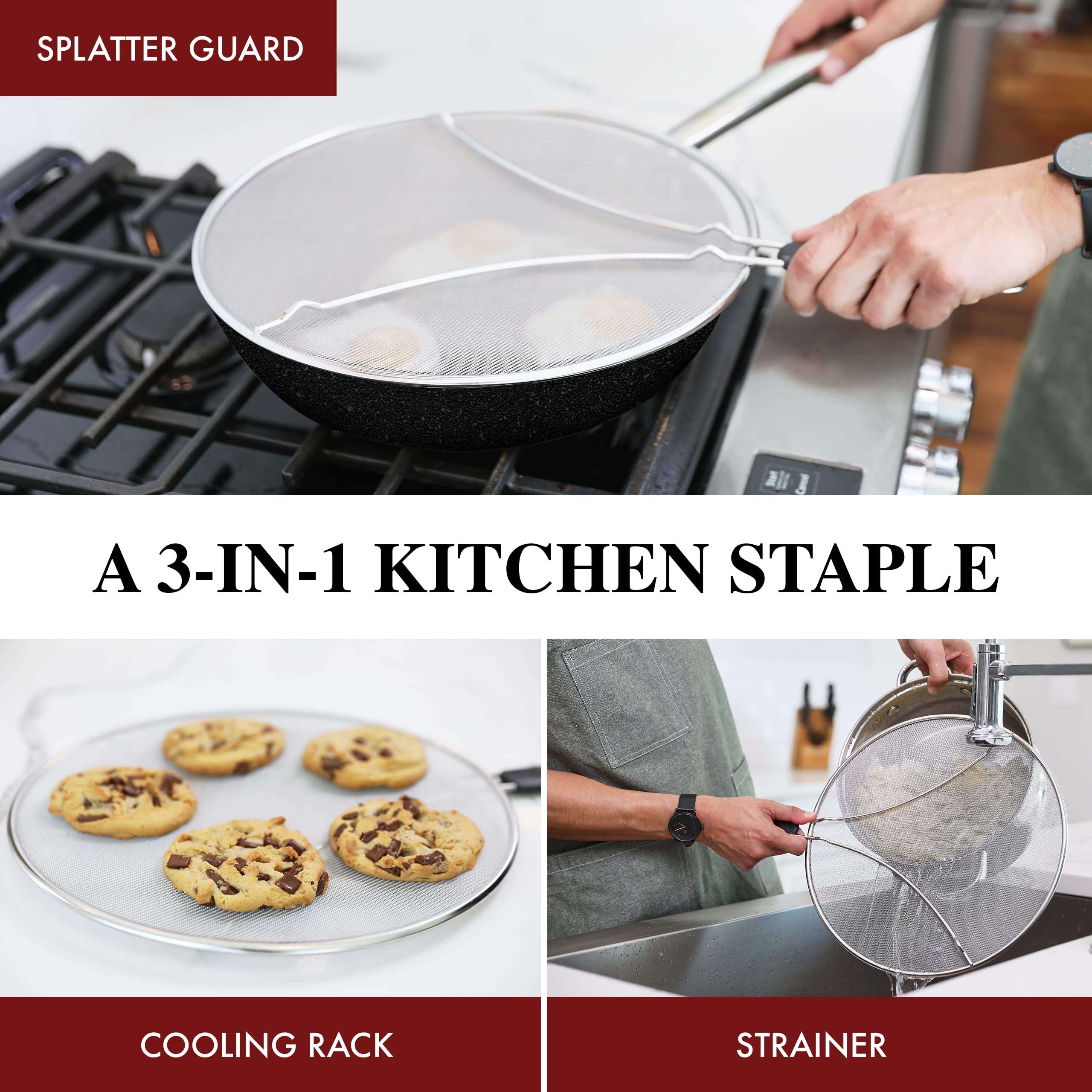 BergKoch Splatter Screen for Frying Pan - 13 Inch Stainless Steel Grease Splatter Guard - Cover Oil Splash when Sizzling Bacon, Cooking Fried Chicken or Popcorn - Image 4