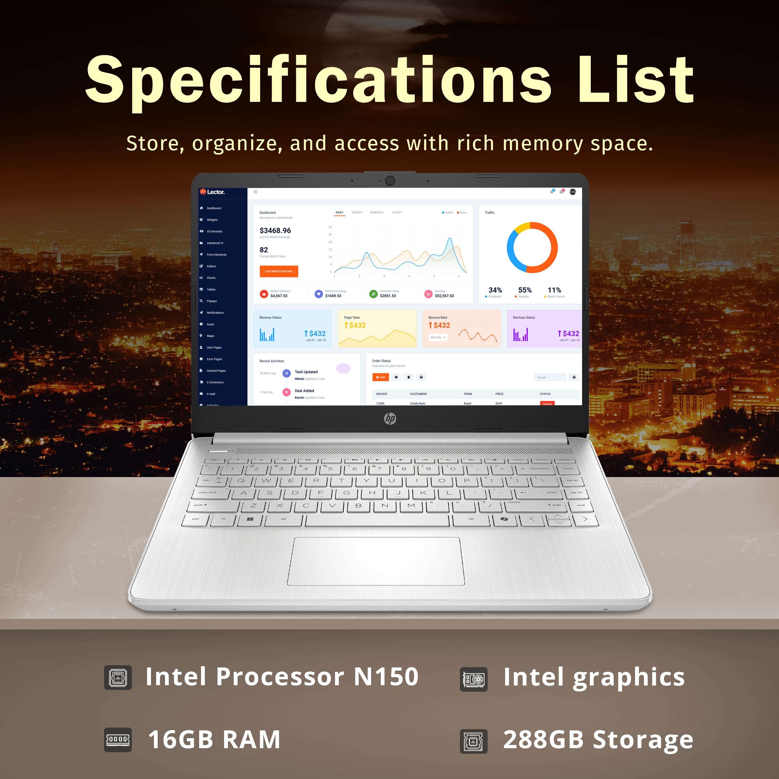 HP Stream 14" HD BrightView Laptop, Intel Celeron N150, 16GB RAM, 288GB Storage (128GB eMMC + 160GB Docking Station Set), Intel UHD Graphics, 720p Webcam, Wi-Fi, 1 Year Office 365, Win 11 S, Silver - Image 3