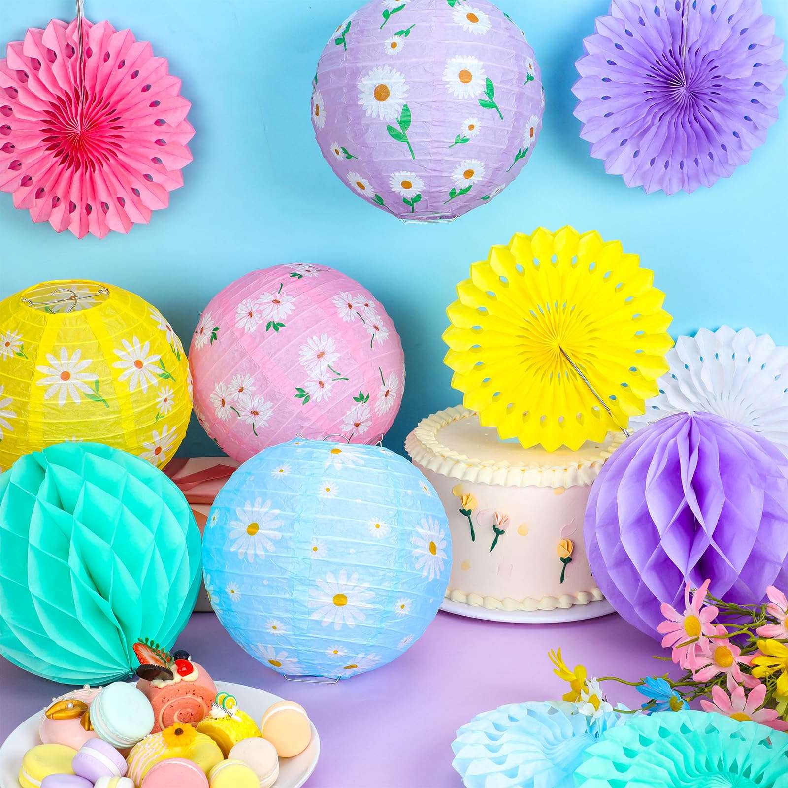 Baquler 18 Pcs Daisy Party Decorations Kit Pastel Floral Paper Lanterns Summer Tea Party Hanging Paper Fans Wild Flower Hanging Honeycomb Ball for Classroom Wedding Bridal Shower Decor Supplies - Image 4