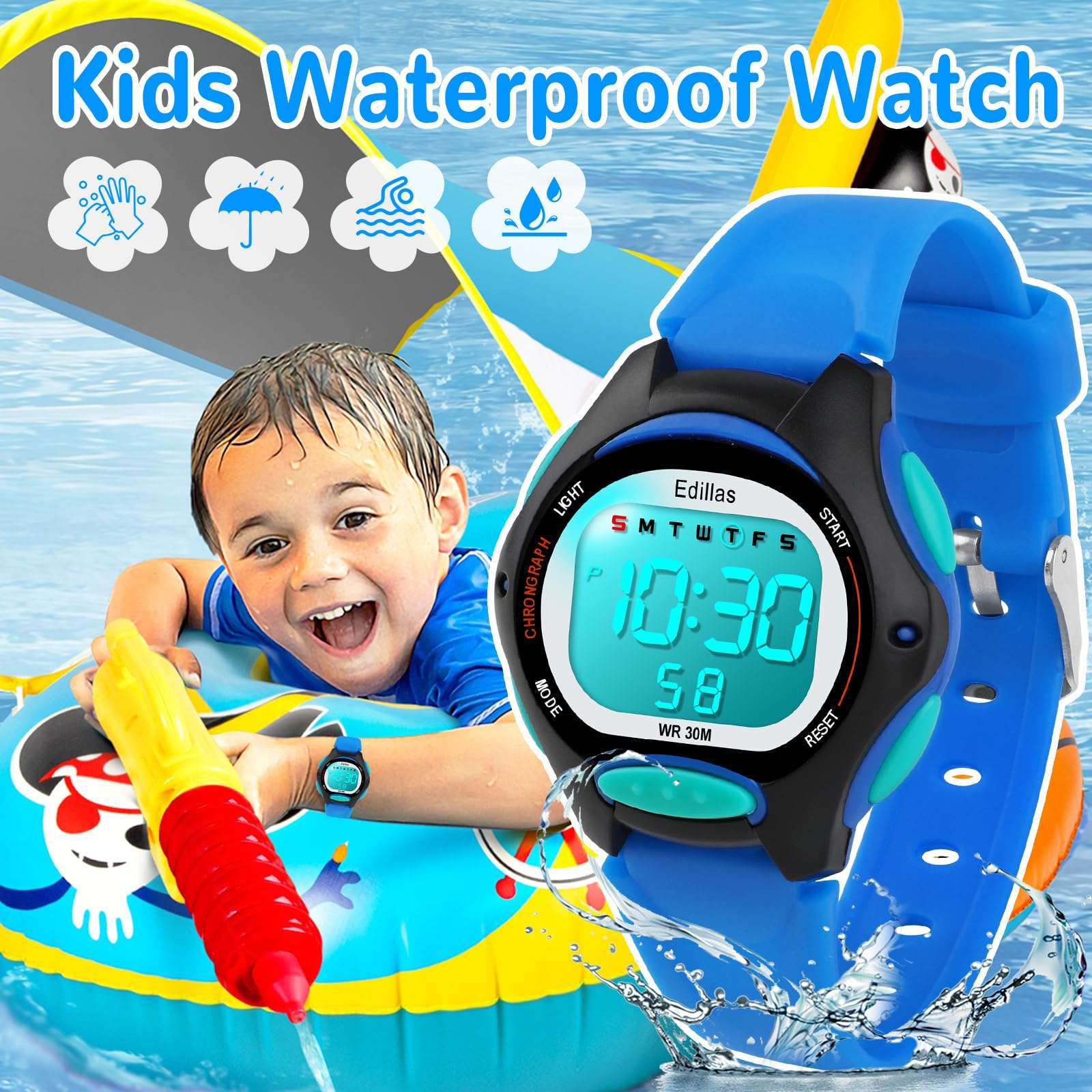 Edillas Kids Watches Digital Girls Boys, 7 Colors Waterproof Wristwatches for Child Sport Outdoor Multifunctional with Stopwatch Alarm Ages 4-15 - Image 3