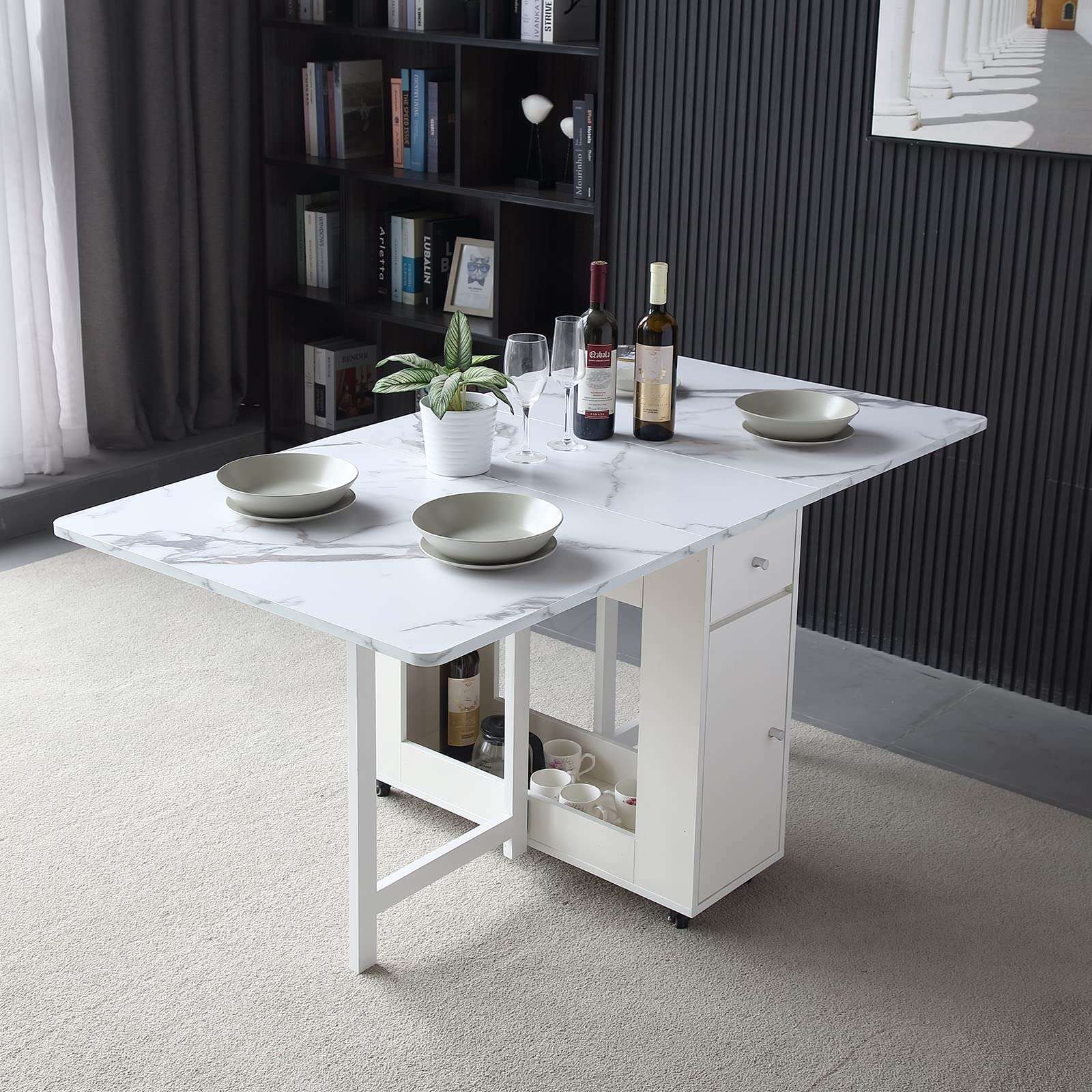 FUNROLUX Folding Dining Table with Rack and 2 Storage Drawers, Movable Extendable Space Saving Kitchen Table in 3 Forms (White) - Image 2