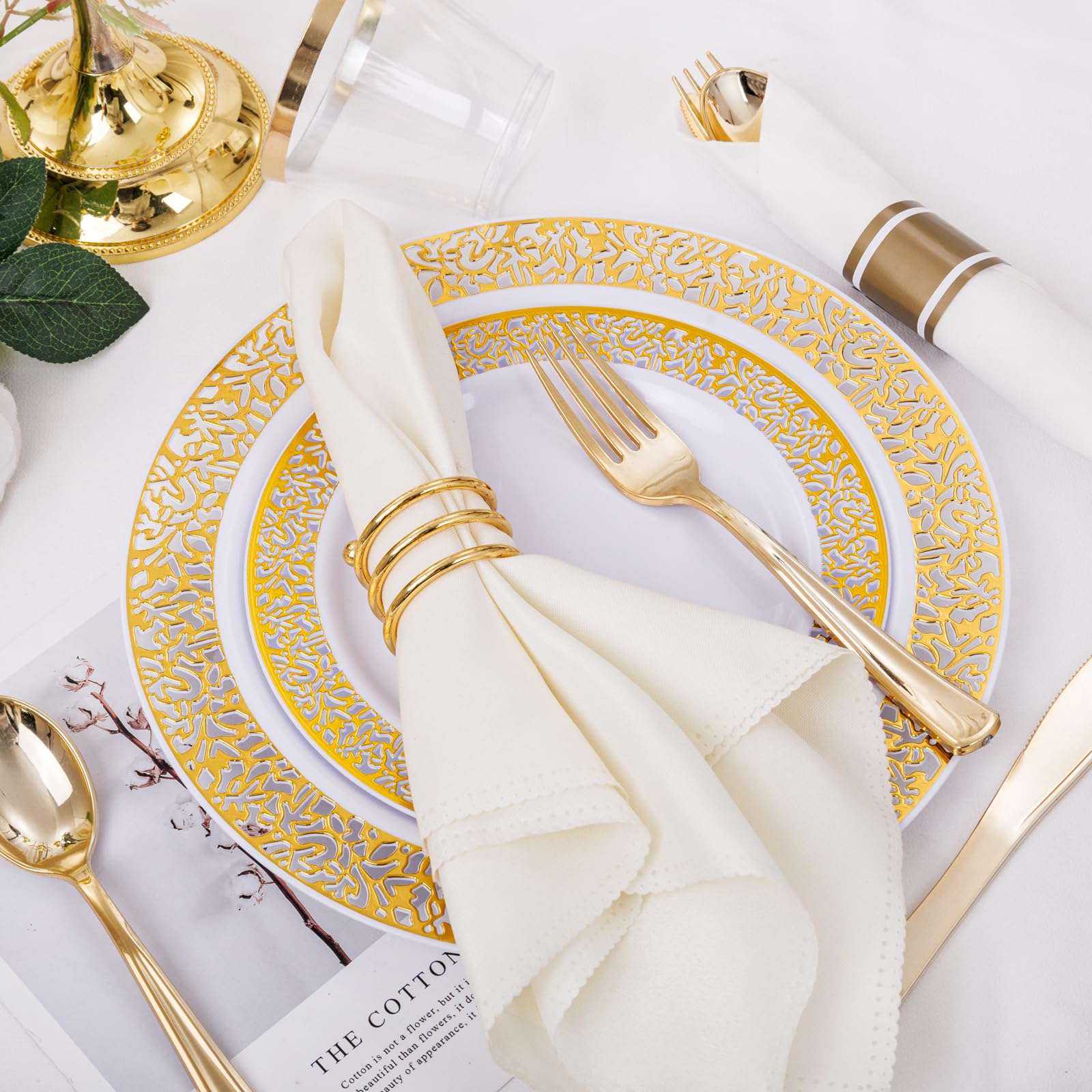 WELLIFE 175Pcs Gold Dinnerware Sets, Include:25 Dinner Plates, 25 Dessert Plates, 25 Paper Napkins, 25 Cups, 25 Plastic Cutlery Set - Image 7