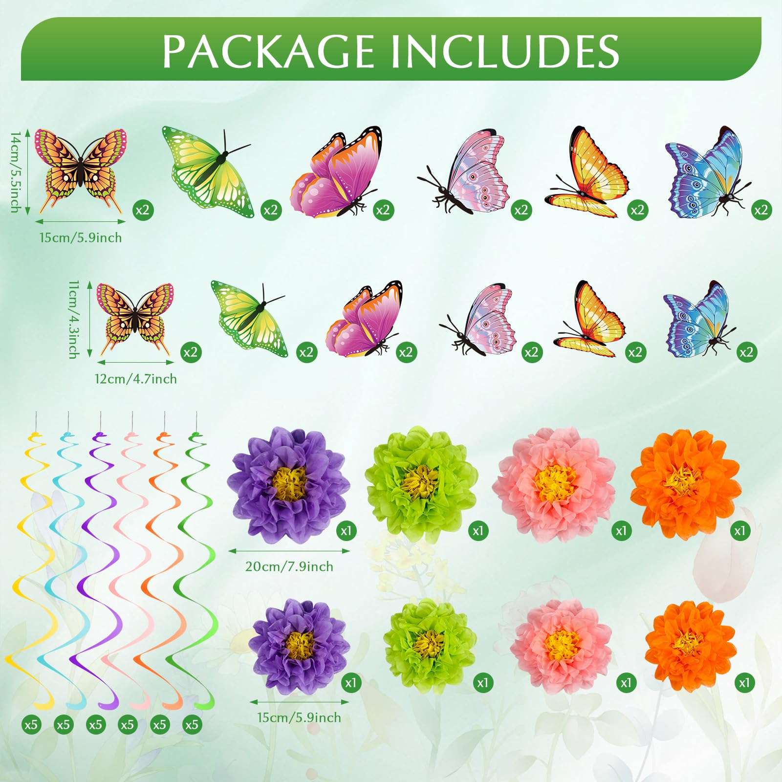Pasimy 62 Pcs Spring 3D Flower Butterfly Hanging Swirls Decorations Butterfly Cutouts with Floral Paper Ball Colorful Ceiling Streamers for Birthday Summer Easter Party Baby Shower Wedding Home - Image 3