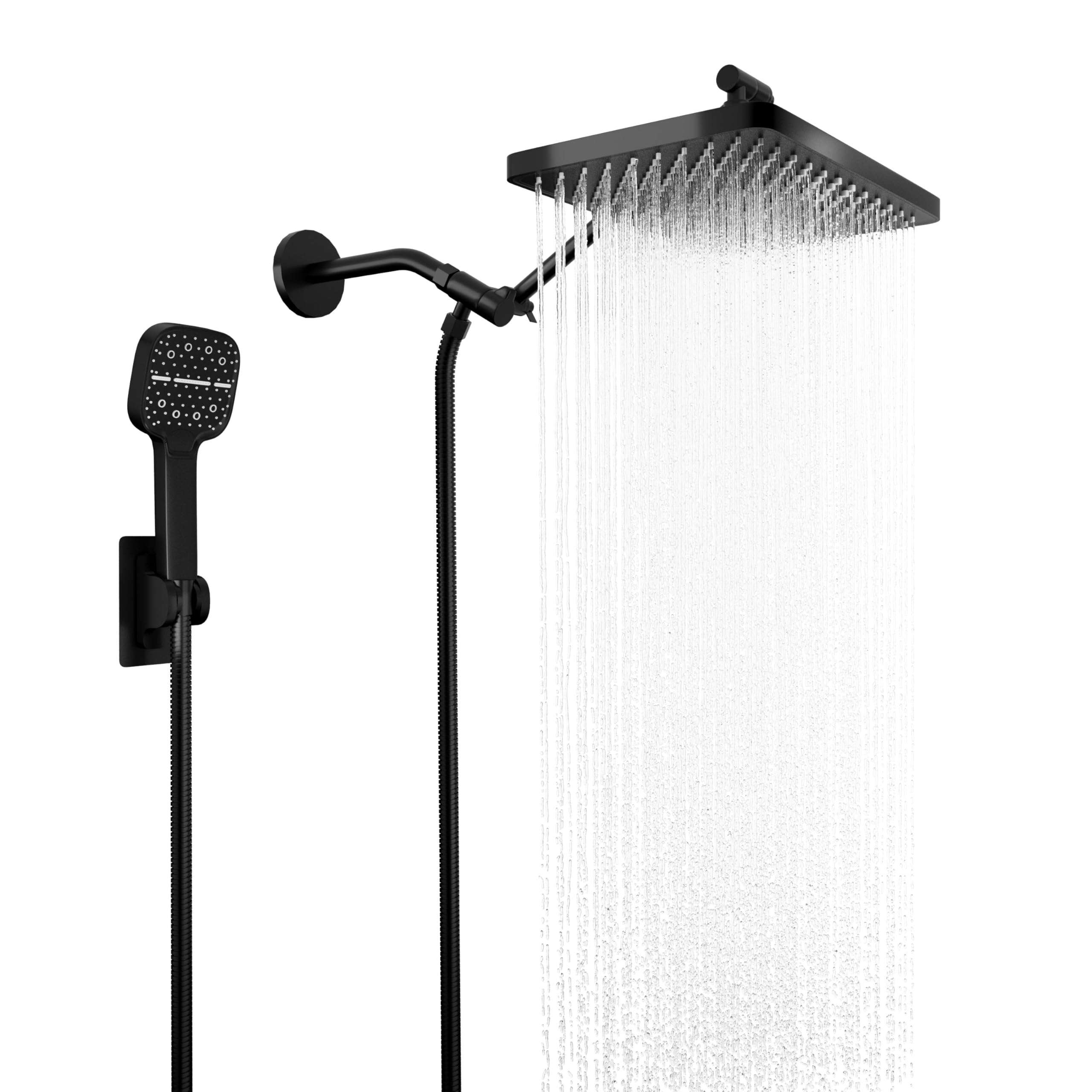 12 Inch Shower Head, High Pressure Rainfall/Handheld Dual Shower Combo- Upgrade Extension Arm Height Adjustable - Handheld Shower Wand and Hose Black, Matte Black (12Inch Showerheads) - Image 1