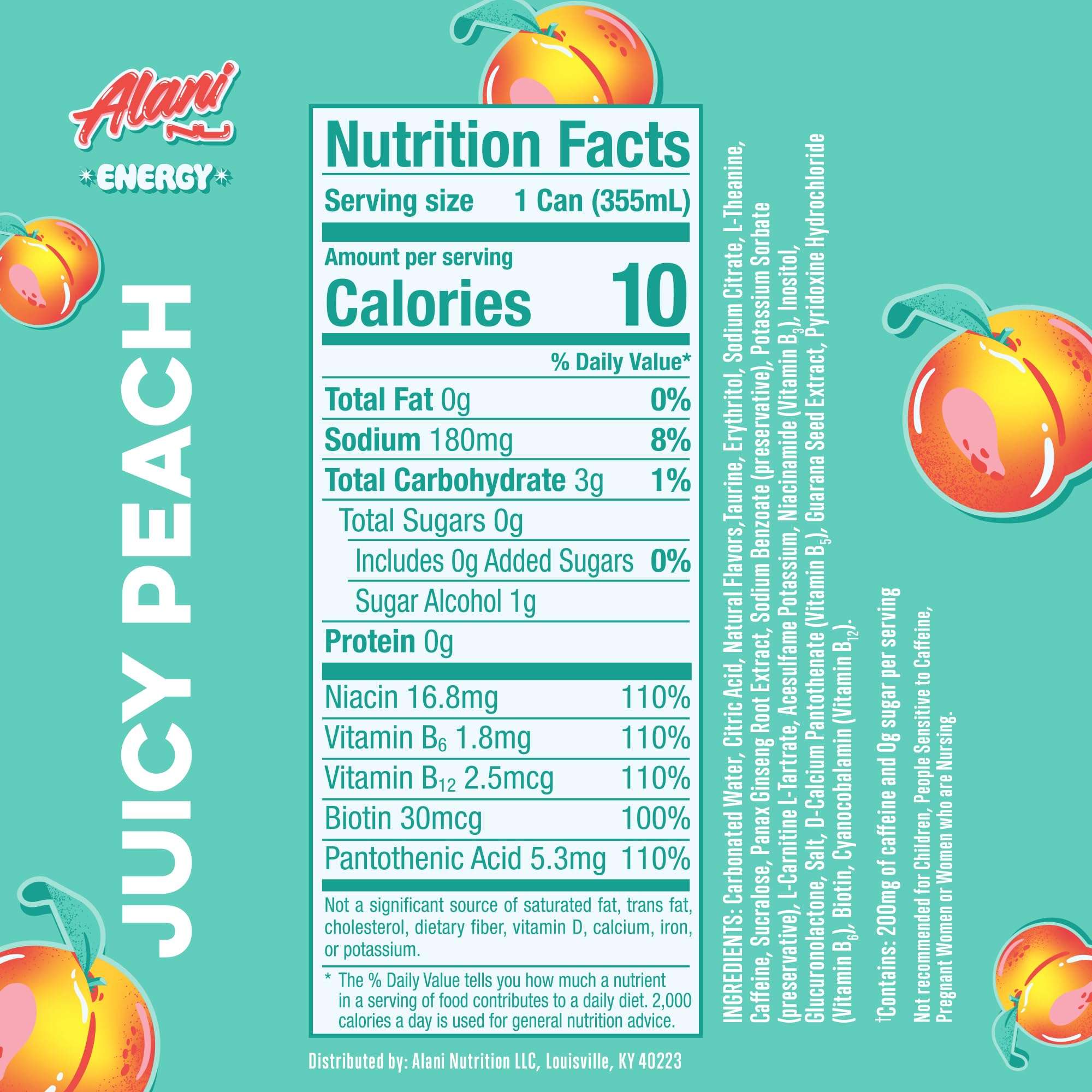 Alani Nu JUICY PEACH, Sugar Free, Low Calorie Energy Drinks, 200mg Caffeine, Biotin, B Vitamins, Zero Sugar, 10 Calories, 12 Fl Oz Cans, 12 Pack - Image 2