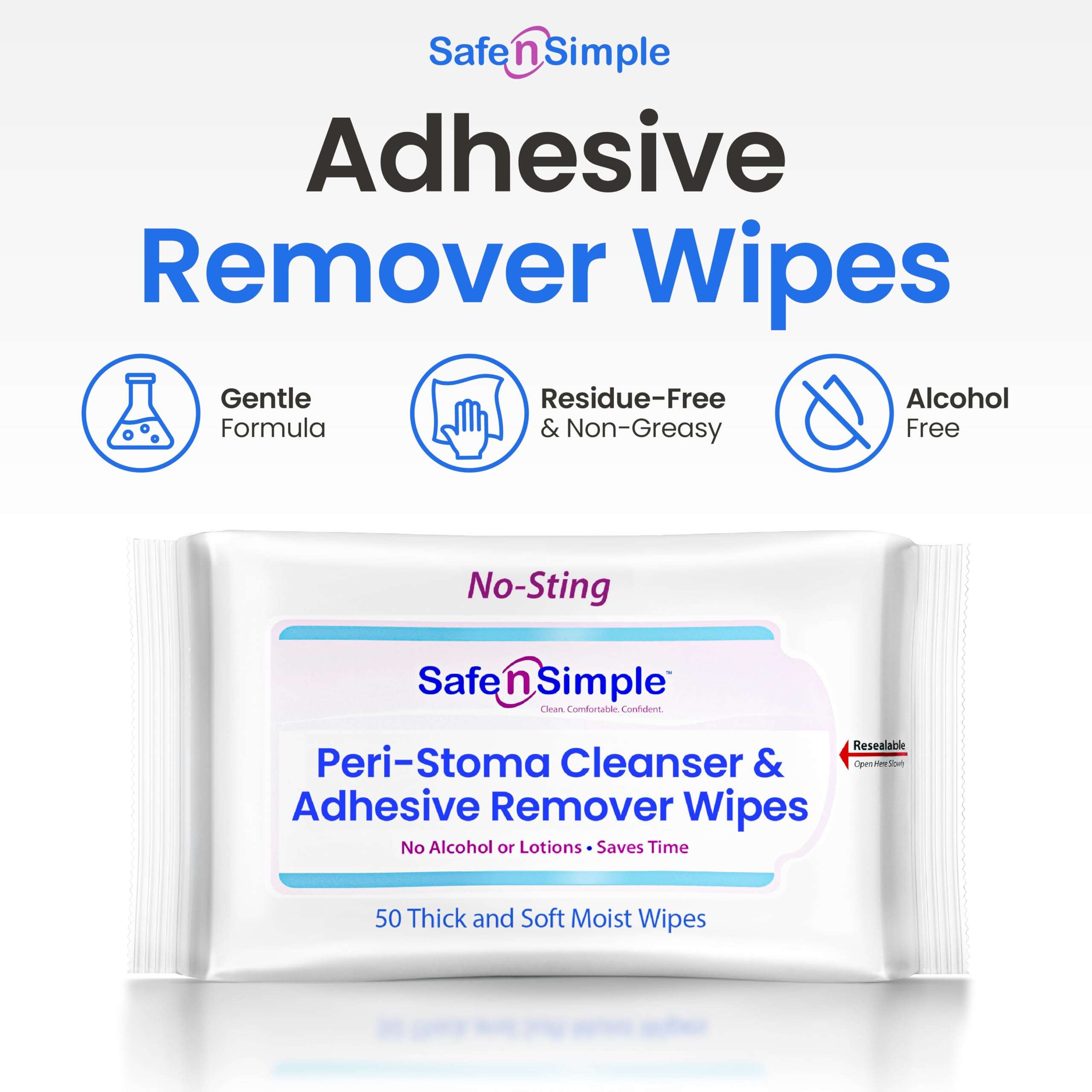 Safe n’ Simple Resealable Adhesive Remover Wipes for Skin - 50 Large 5"x7" No Sting Alcohol Free Medical Adhesive Remover Pads for Ostomy, Stoma Care - Gentle Adhesive Removal Wipes for Bandages, Tape - Image 3