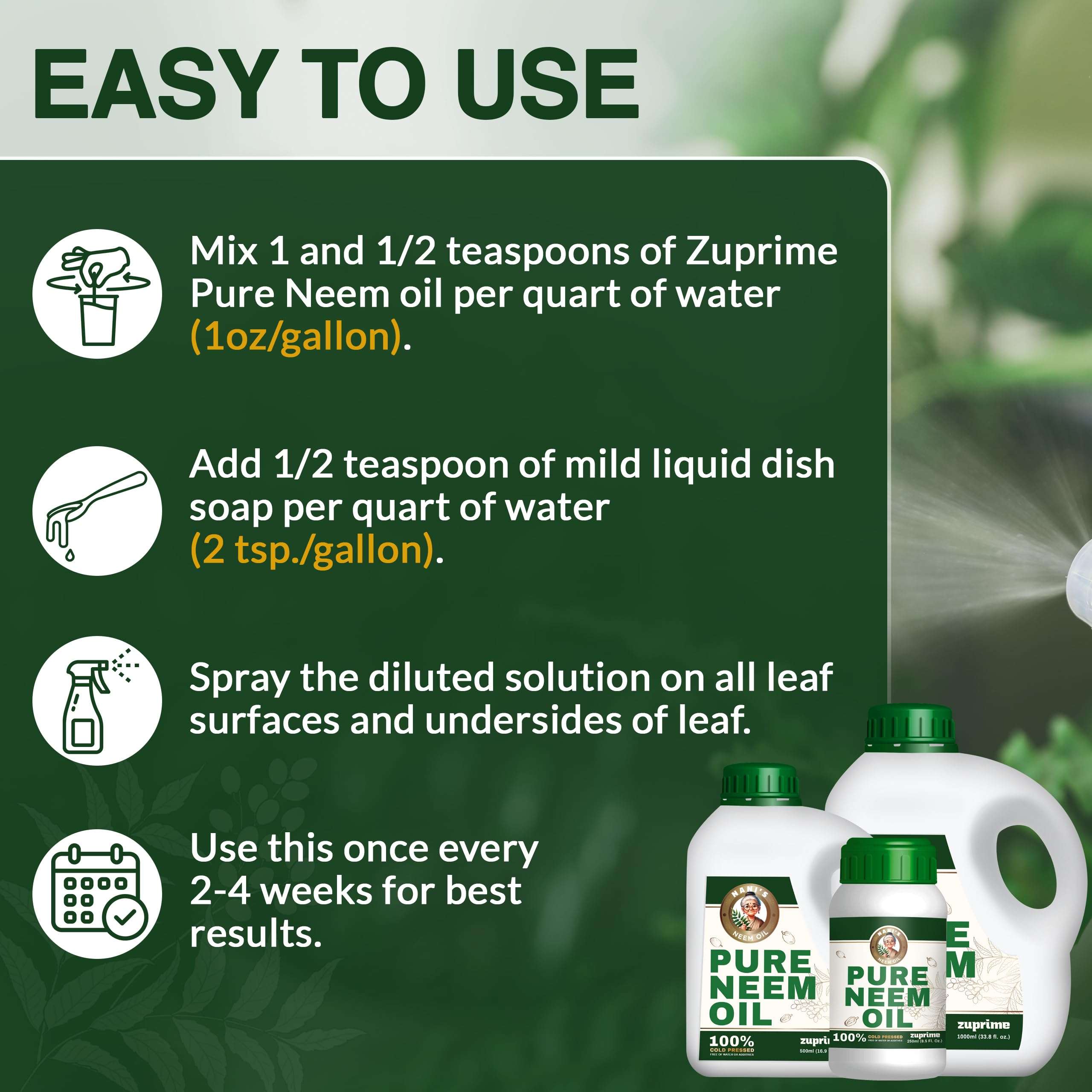 Nani's Pure Neem Oil for Plants Concentrate - Dilute for Use as Organic Neem Oil Spray for Plants, Outdoor & Indoor Use - 100% Cold Pressed - Horticultural Enhanced Plant Health & Shine Need (17 oz) - Image 4