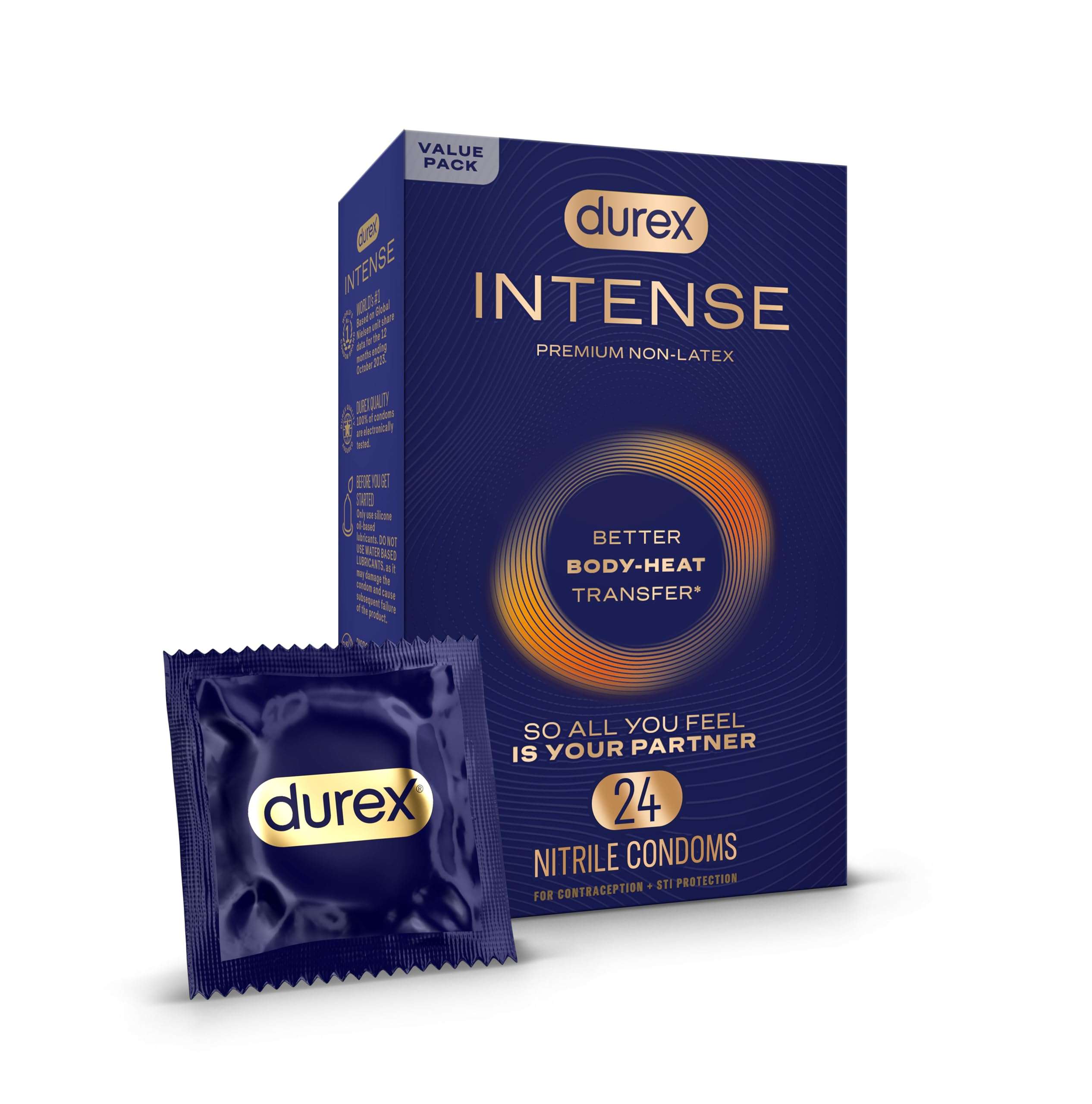 Durex Intense Nitrile Condoms, Ultra Thin Premium Non Latex Condoms Lubricated with Silicone Lube, 24 ct - Image 1