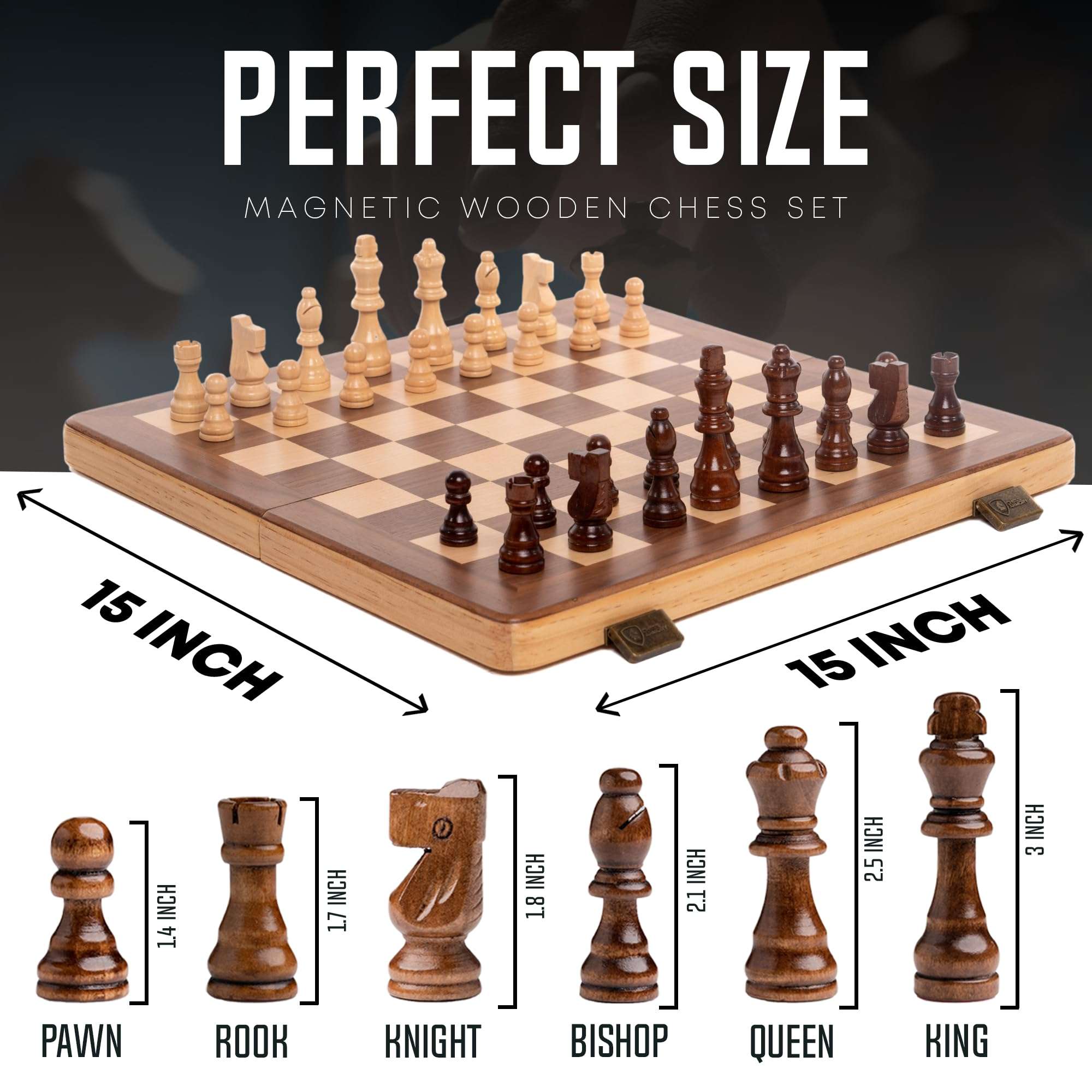 15 Inch Magnetic Wooden Chess Set for Adults & Kids - Folding Travel Chess Board with Handcrafted Staunton Pieces, Extra Queens, and Storage Slots - Image 3