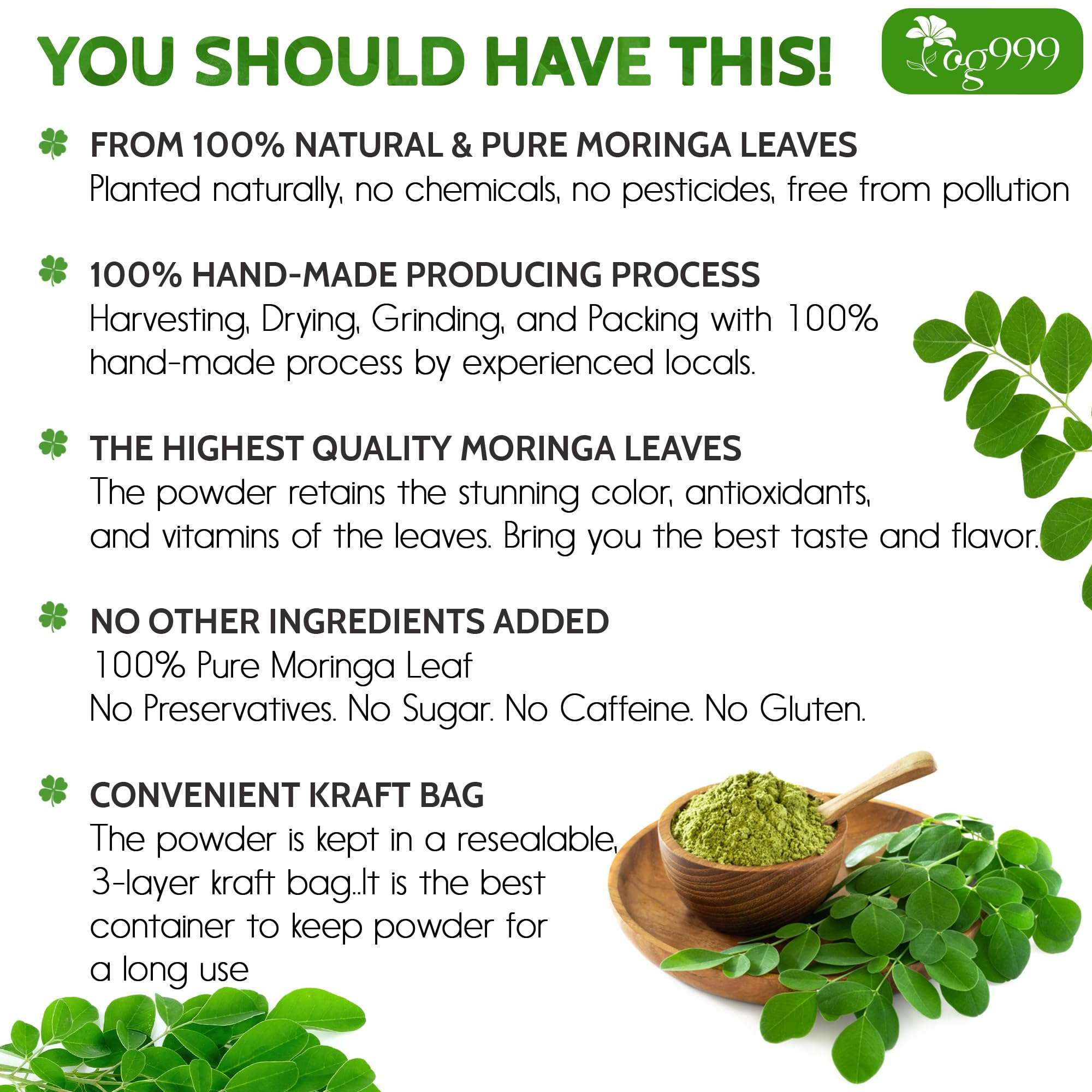 TOG999, Premium 16oz Moringa Leaf Powder, 100% Natural and Pure from Moringa Leaves, No Additives, No Gluten, No Sugar, Vegan - Image 2