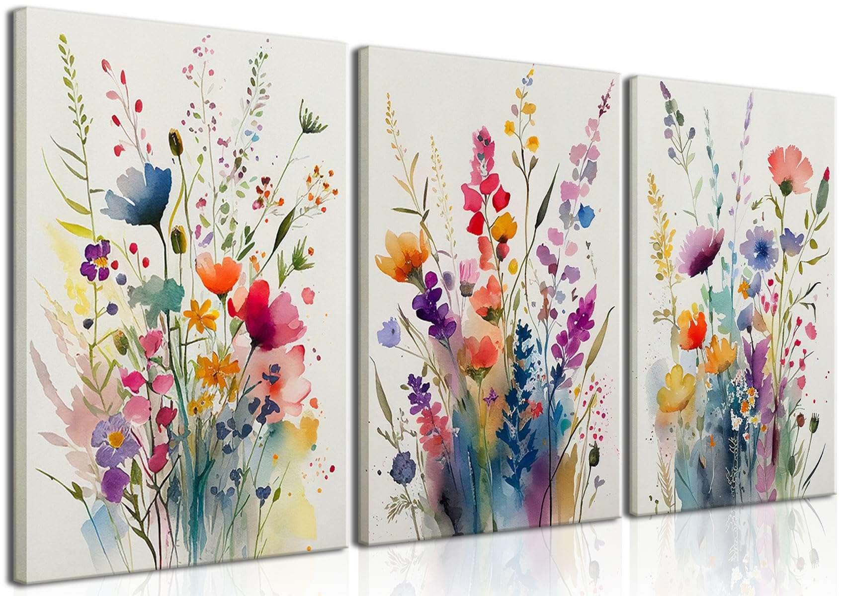 KISSFOX 3 Piece Colorful Wildflower Botanical Framed Wall Art Watercolor Floral Canvas Art Prints Boho Flower Pictures Wall Decor Modern Minimalism Paintings Artwork Girls Bedroom Living Room Bathroom - Image 1