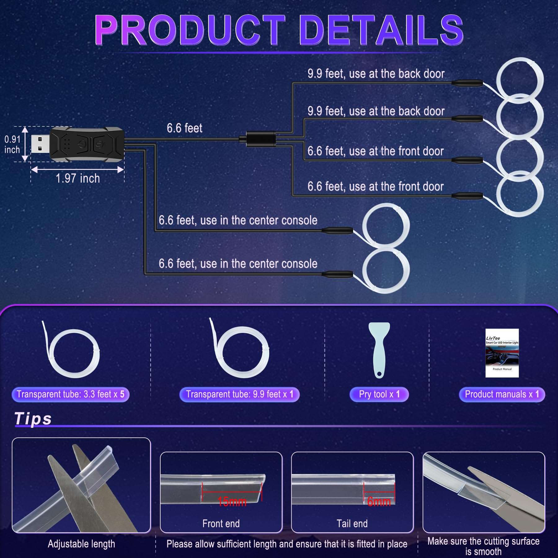LivTee Smart LED Car Lights Interior with USB Port, LED Strip Fiber Optic Ambient Lighting Car, Wireless App Control, Sync to Music, Car Decorations Interior Accessories Gifts for Women Men, 6 in 1 - Image 4