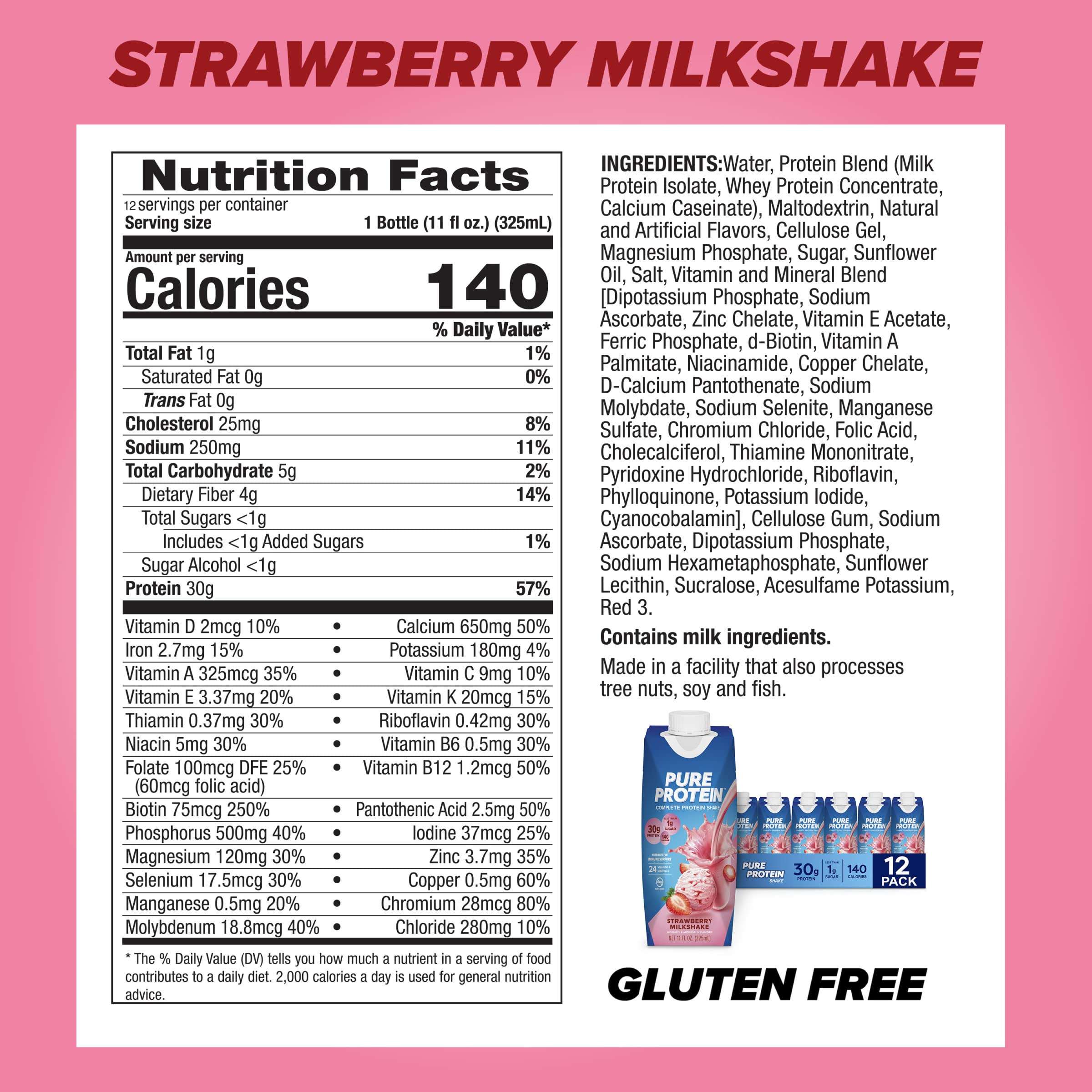 Pure Protein Strawberry Protein Shake, 30g Complete Protein, Ready to Drink and Keto-Friendly, Vitamins A, C, D, and E plus Zinc to Support Immune Health, 11oz Bottles, 12 Pack - Image 2