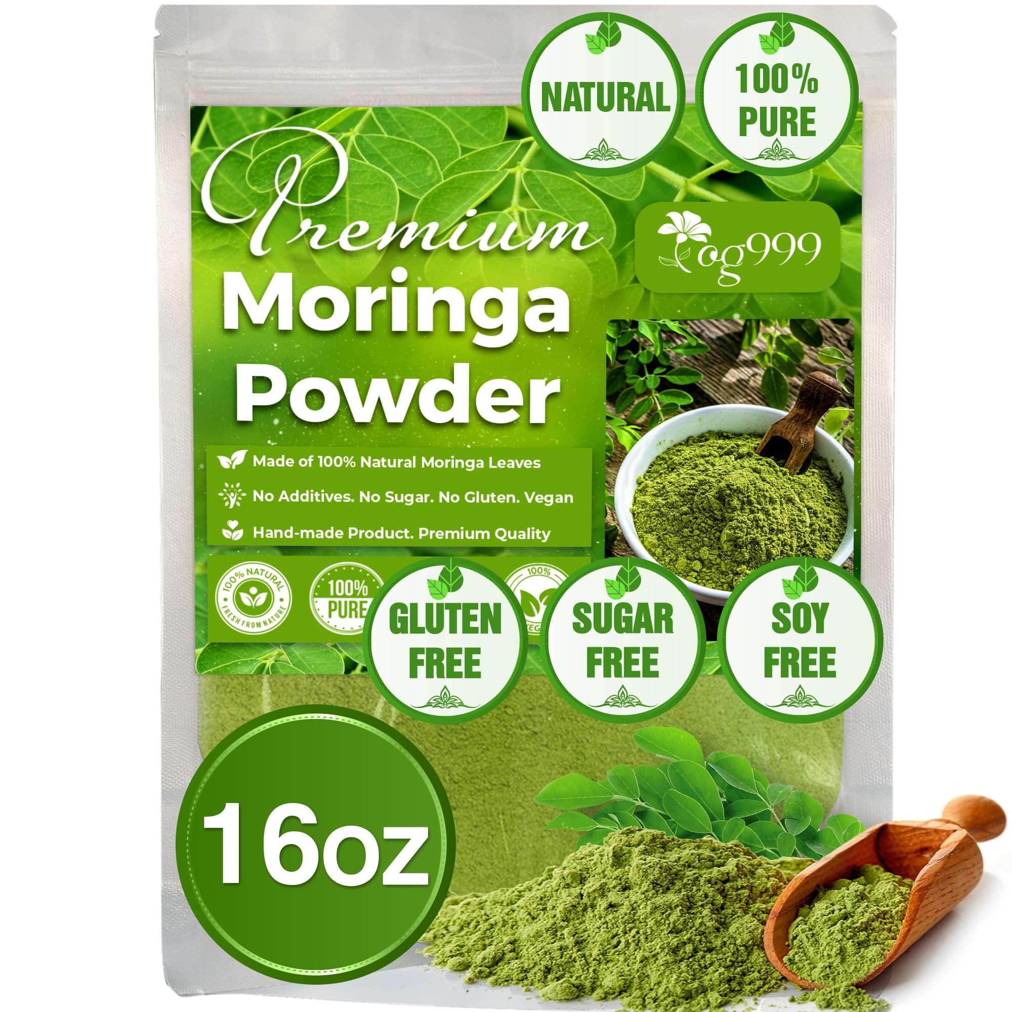 TOG999, Premium 16oz Moringa Leaf Powder, 100% Natural and Pure from Moringa Leaves, No Additives, No Gluten, No Sugar, Vegan - Image 1