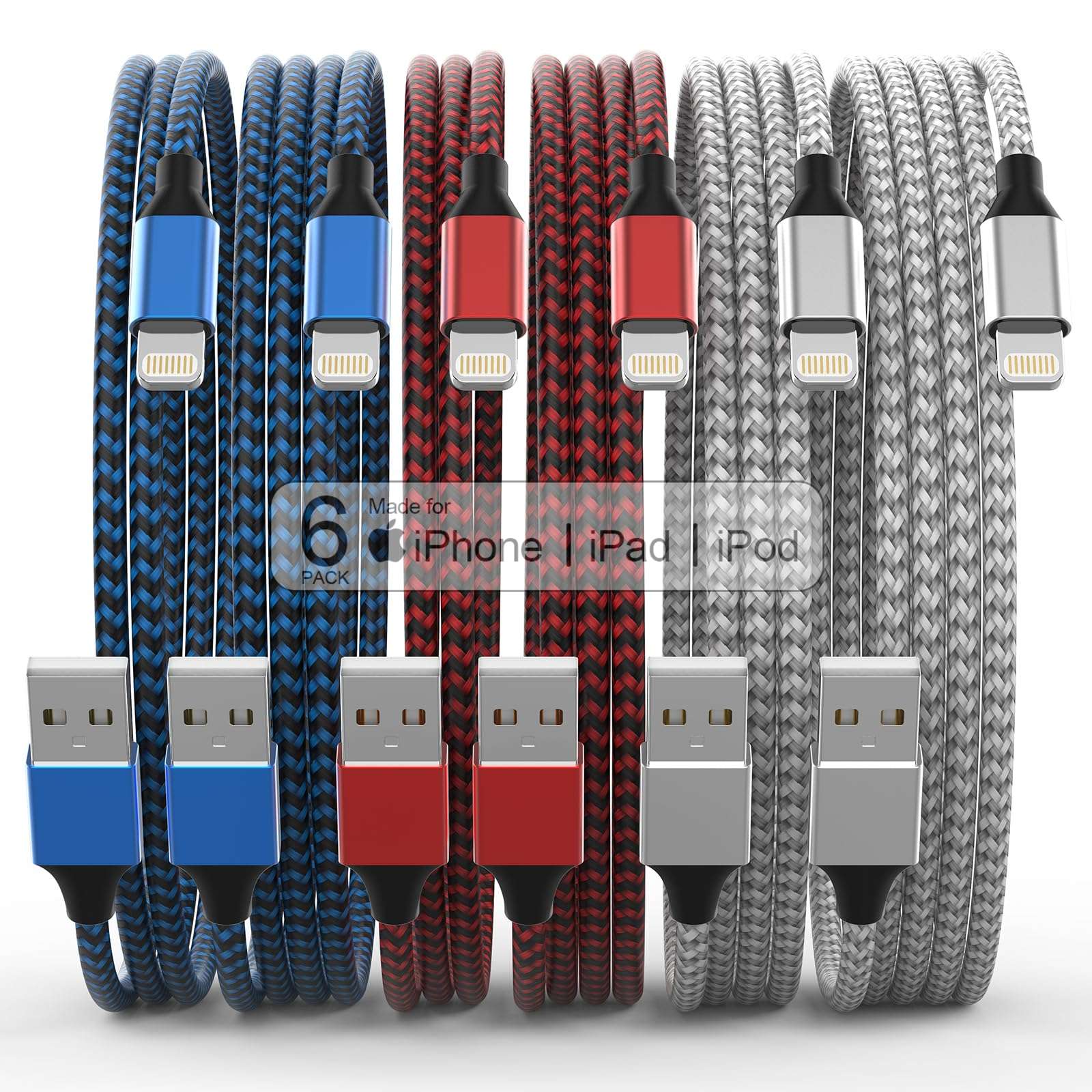 [Apple MFi Certified] 6Pack 3/3/6/6/6/10 FT iPhone Charger Nylon Braided Fast Charging Lightning Cable Compatible iPhone 14 Pro/13 mini/13/12/11 Pro MAX/XR/XS/8/7/Plus/6S/SE/iPad - Image 1