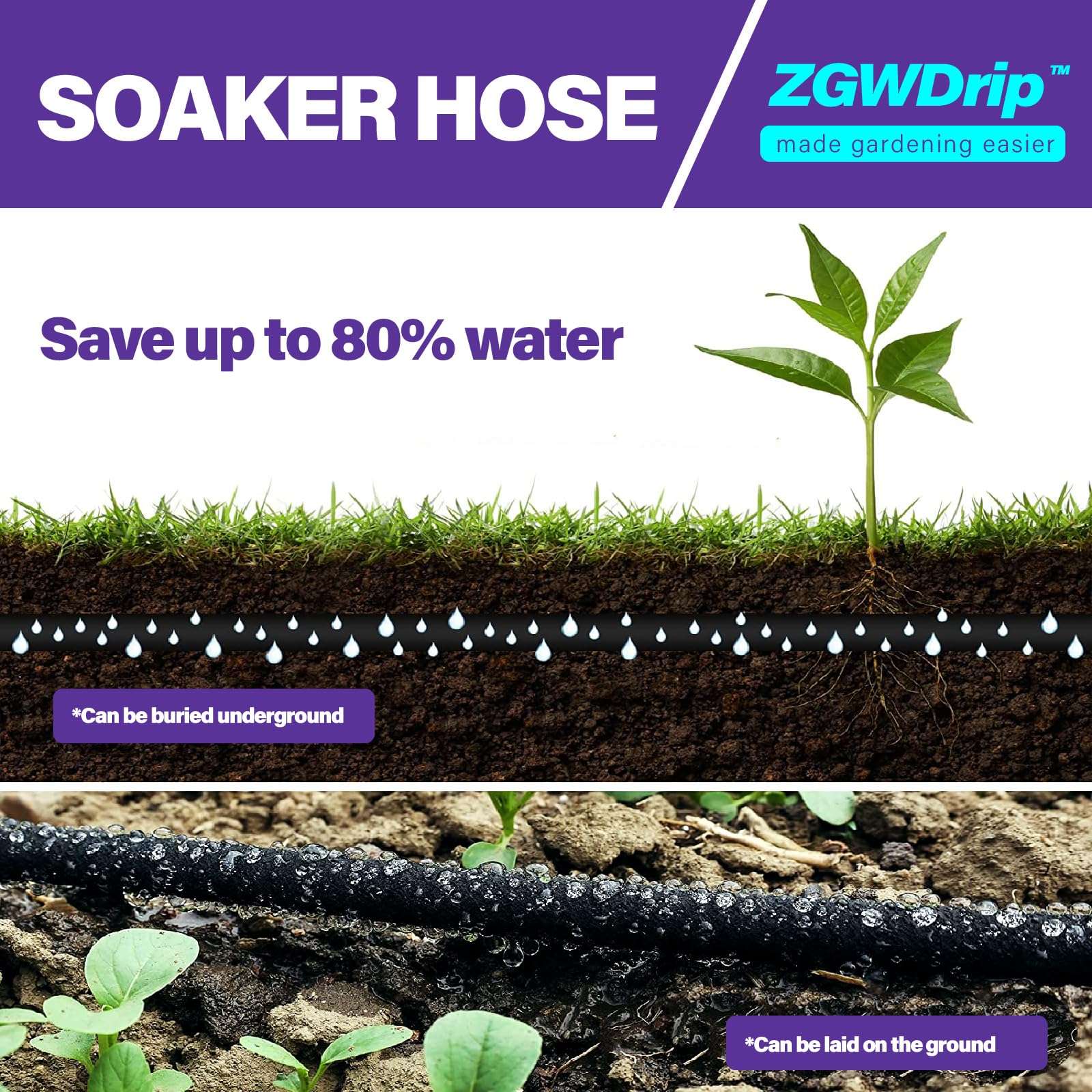 ZGWDrip Soaker Hose 100 FT,1/2 Inch Soaker Garden Hose with 3/4" Solid Brass Connectors - Image 5