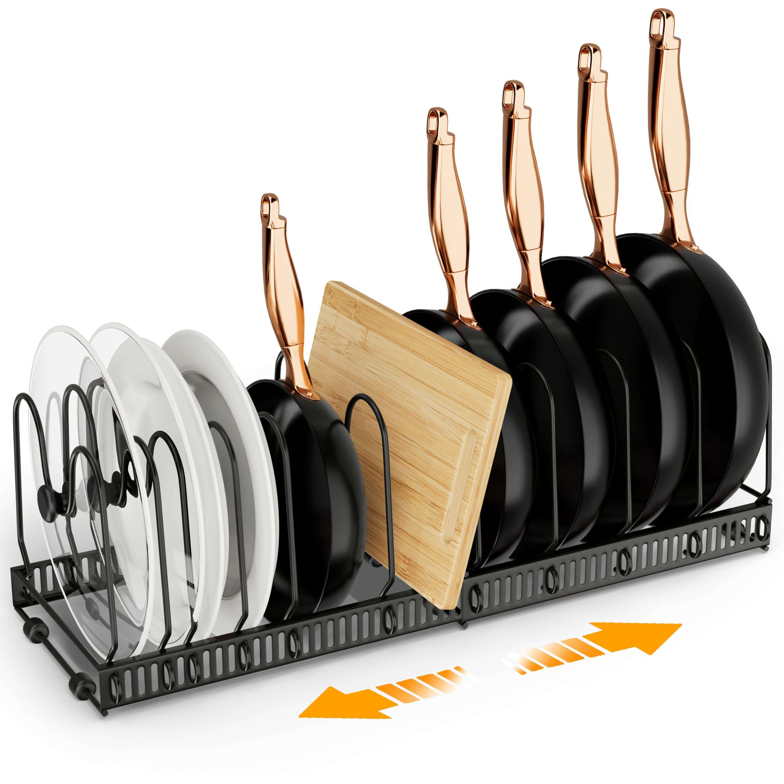 coneyaro Pots and Pans Organizer, Expandable Rack with 11 Dividers for Bakeware and Lid Storage (Black) - Image 1
