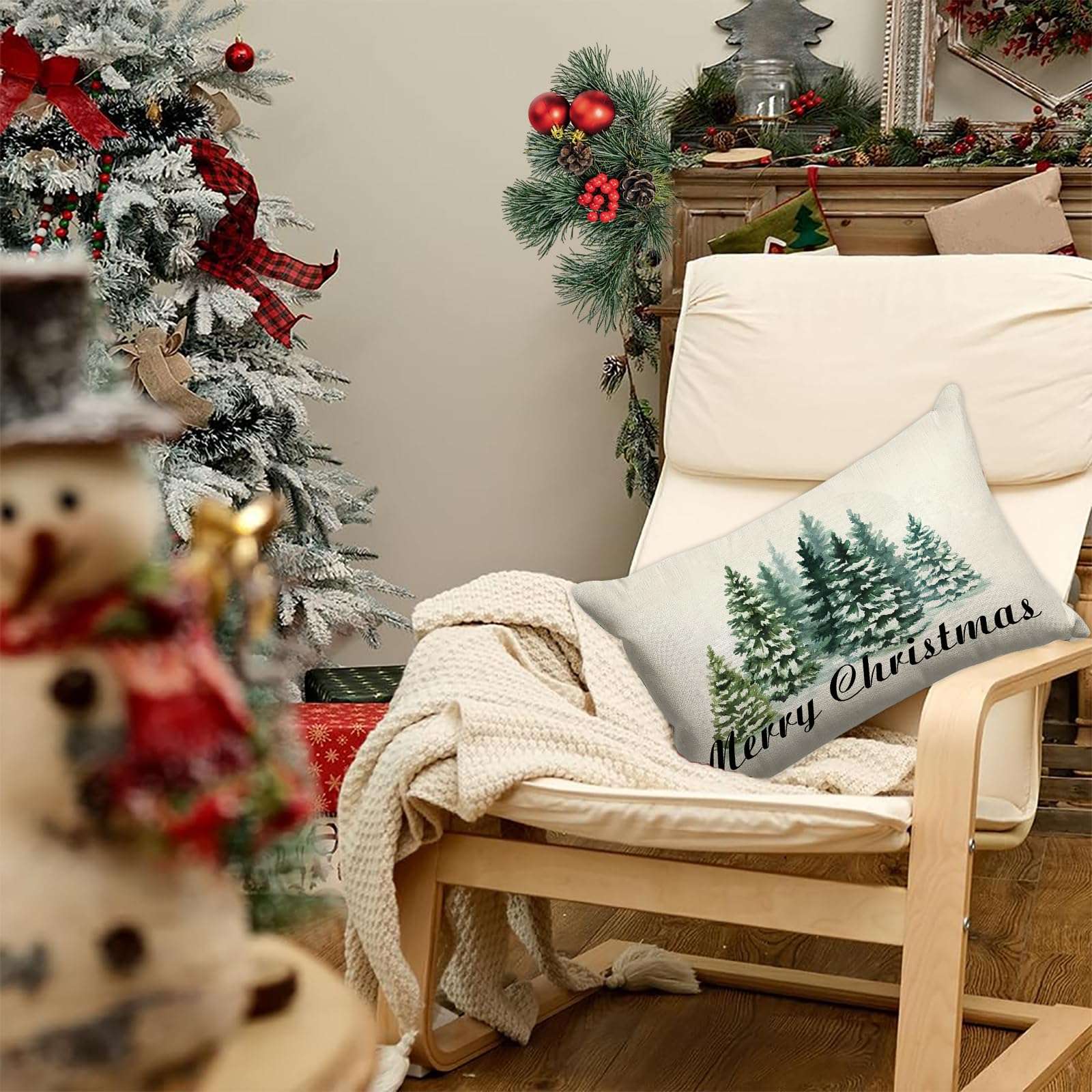 GOOESING Merry Christmas Pillow Covers 16x24 Inch Watercolor Green Christmas Tree Nature Forest Linen Decorative Throw Pillow Cover Cushion Case for Indoor Outdoor Home Sofa Bedroom Living Room - Image 4