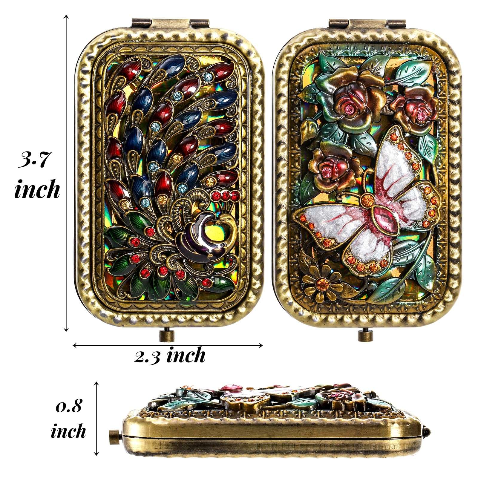 Eorbow 2 Pcs Vintage Foldable Makeup Mirror, Portable Cosmetic Pocket Mirror, Double Sided Butterfly Peacock Vanity Mirror, Metal Compact Small Folding Travel Mirror for Woman Girls - Image 3