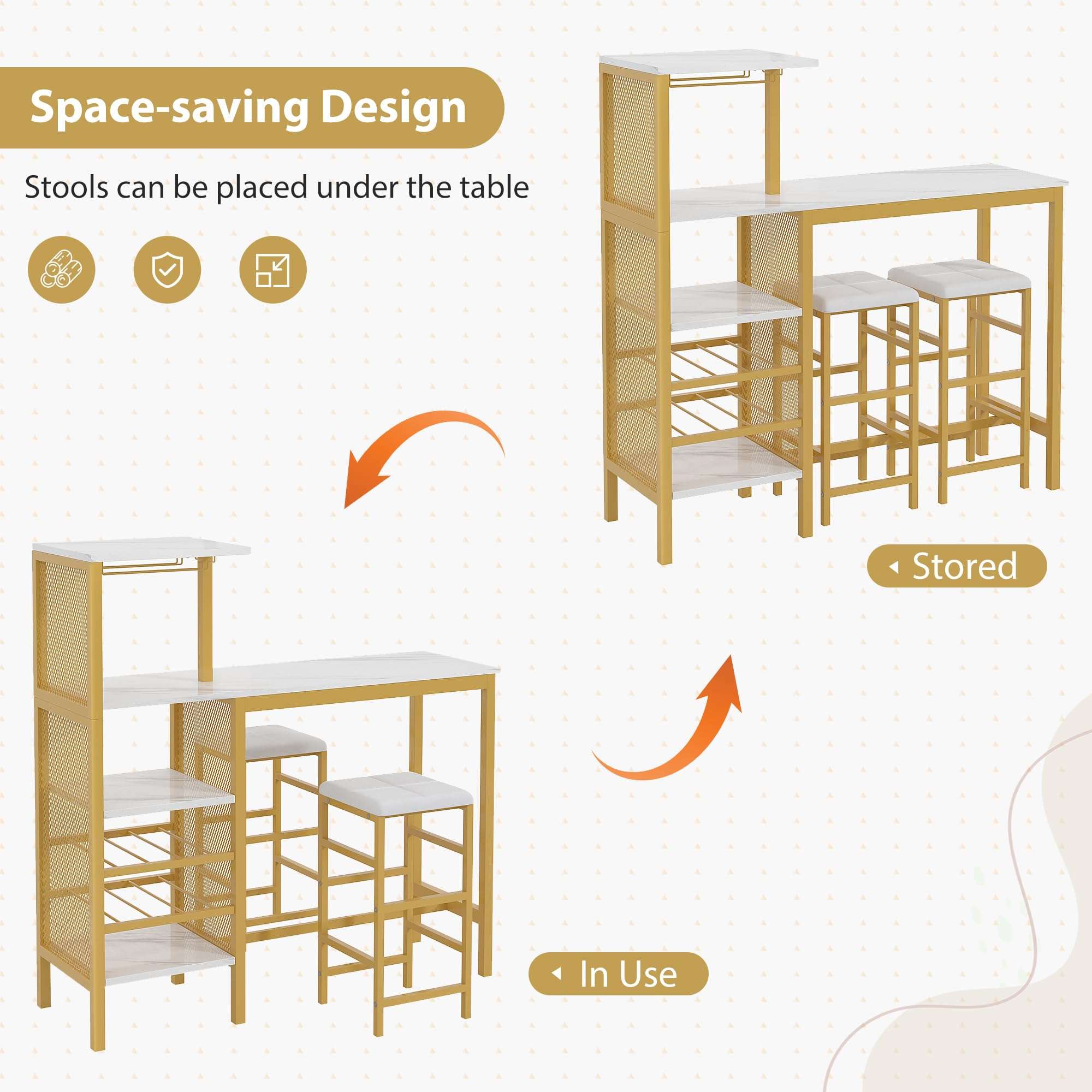 VECELO Bar Table and Chairs Set for 2, 3-Piece Dining Set with Storage Shelves, Cup Holder & Wine Rack, PU Leather Cushion Stools, for Kitchen Small Space, Gold - Image 8