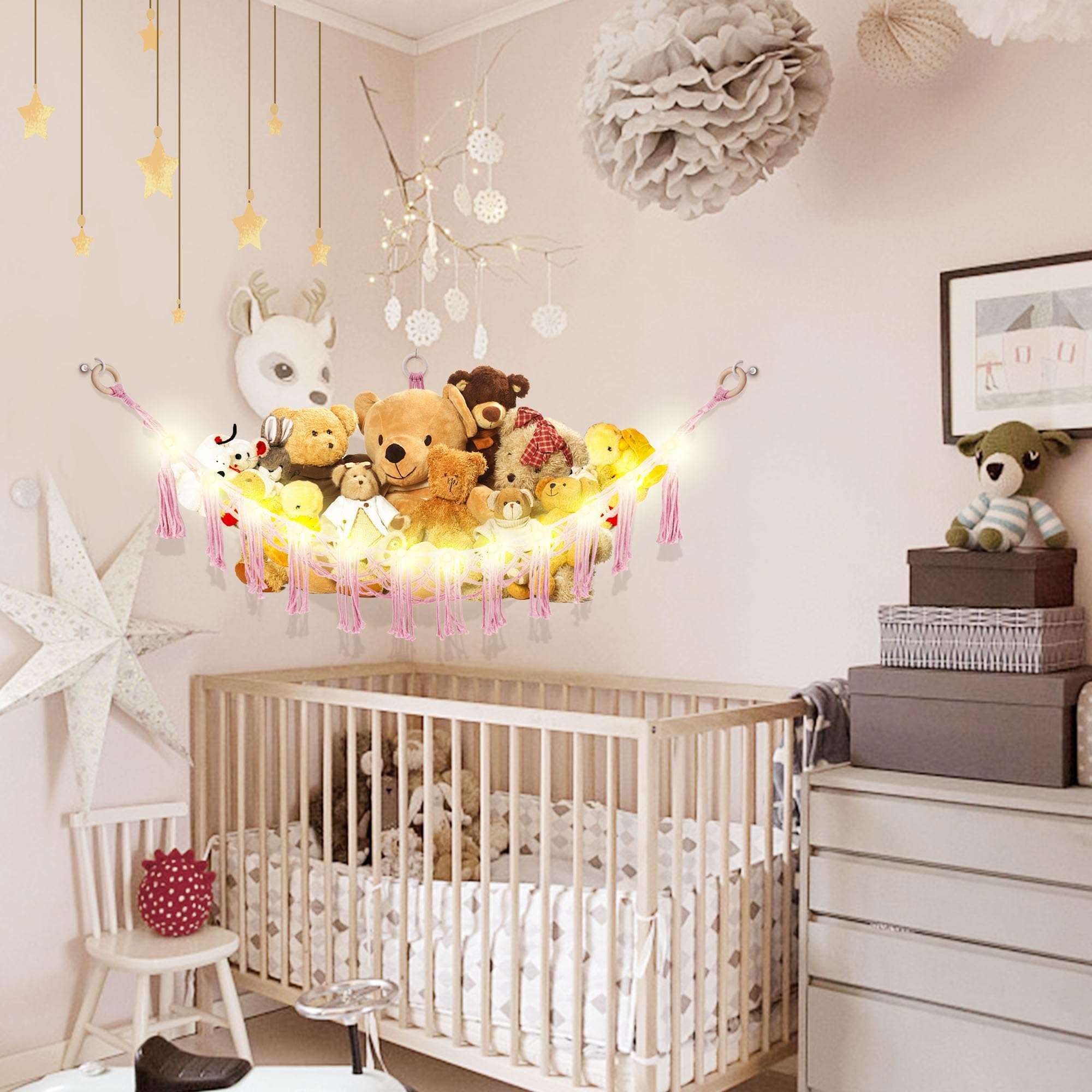 CERETIA Hammock for Stuffed Animals with LED Light, Kids Room Decor Corner, Pink - Image 4