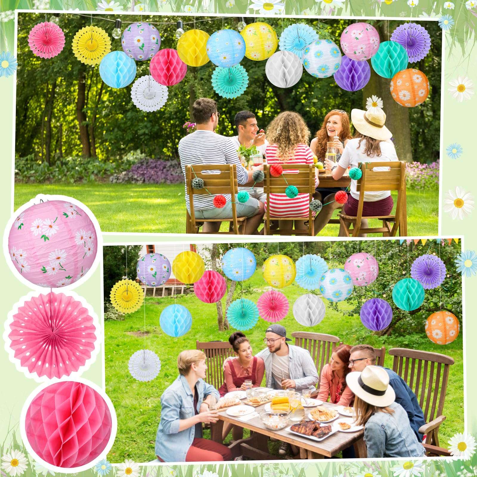 Baquler 18 Pcs Daisy Party Decorations Kit Pastel Floral Paper Lanterns Summer Tea Party Hanging Paper Fans Wild Flower Hanging Honeycomb Ball for Classroom Wedding Bridal Shower Decor Supplies - Image 5