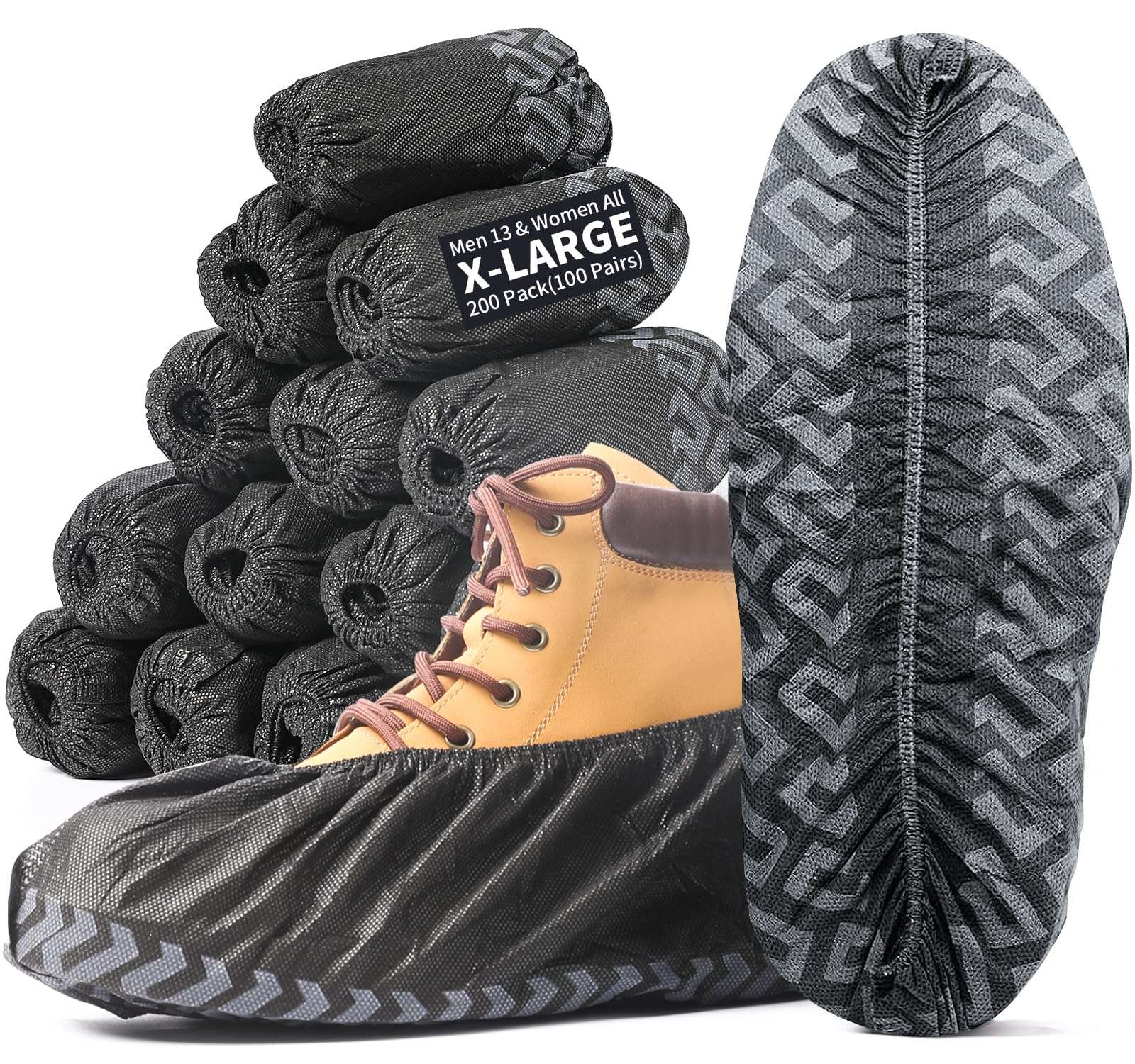 X-Large 50 Pack Shoe Covers Disposable Non-Slip, Black Non-Woven Fabric Boot Covers for Indoors Breathable Slip Resistant Durable Boot, Stretchable Fits Up to Size 13 US Men (Black, 200 Pack) - Image 1