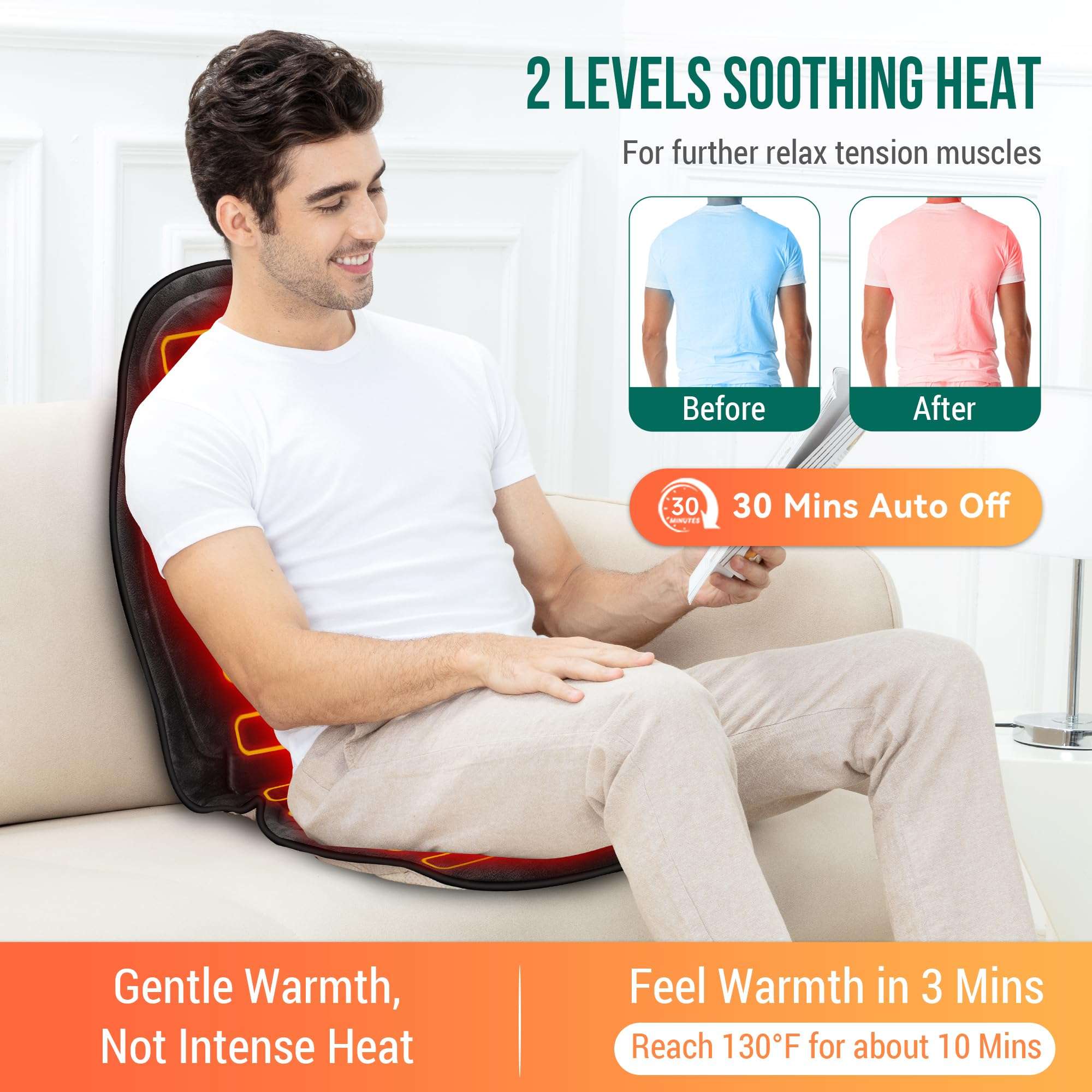 Snailax Vibration Back Massager with Heat, Massage Seat Cushion with 6 Vibrating Motors and 2 Heat Levels, Massage Chair Pad for Home Office use, Gifts for Him Her - Image 4