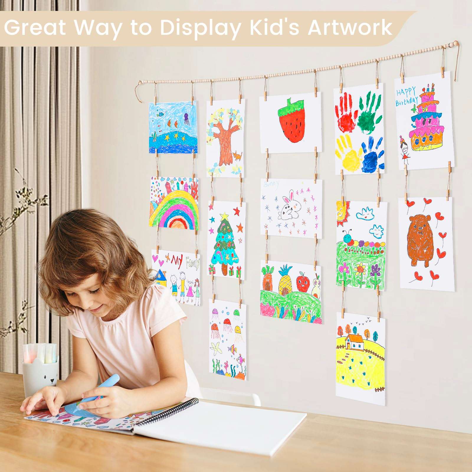 KLOGTSIND Kids Art Display Wall Decor, Wooden Beads Garland Frame Holder with 34 Clips for kids artwork, Photo, Wall Hanging Boho Room Bedroom Decor - Image 2