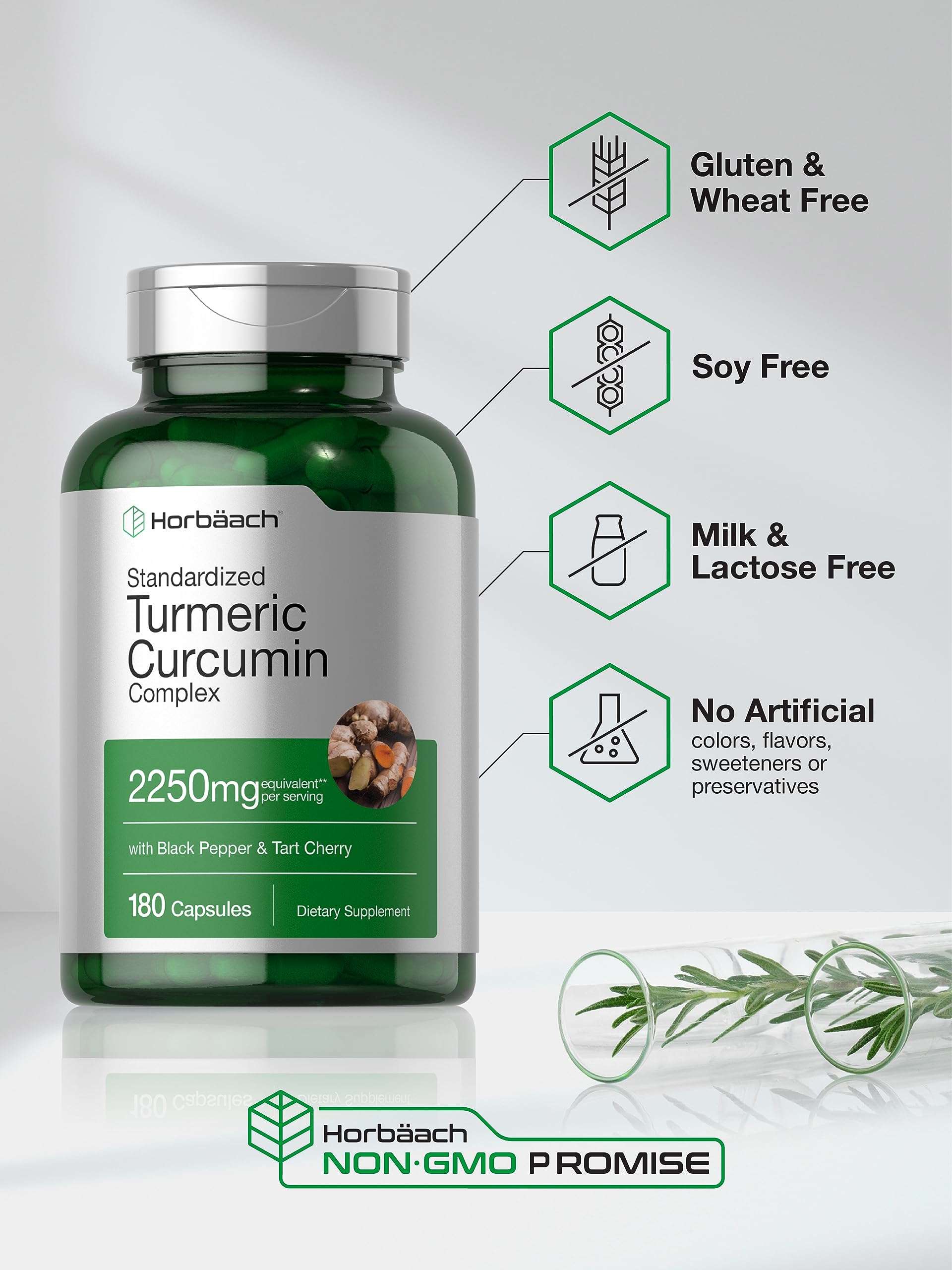 Horbäach Turmeric Curcumin Supplement | 2250mg | 180 Capsules | with Black Pepper & Tart Cherry | Non-GMO & Gluten Free - Image 5