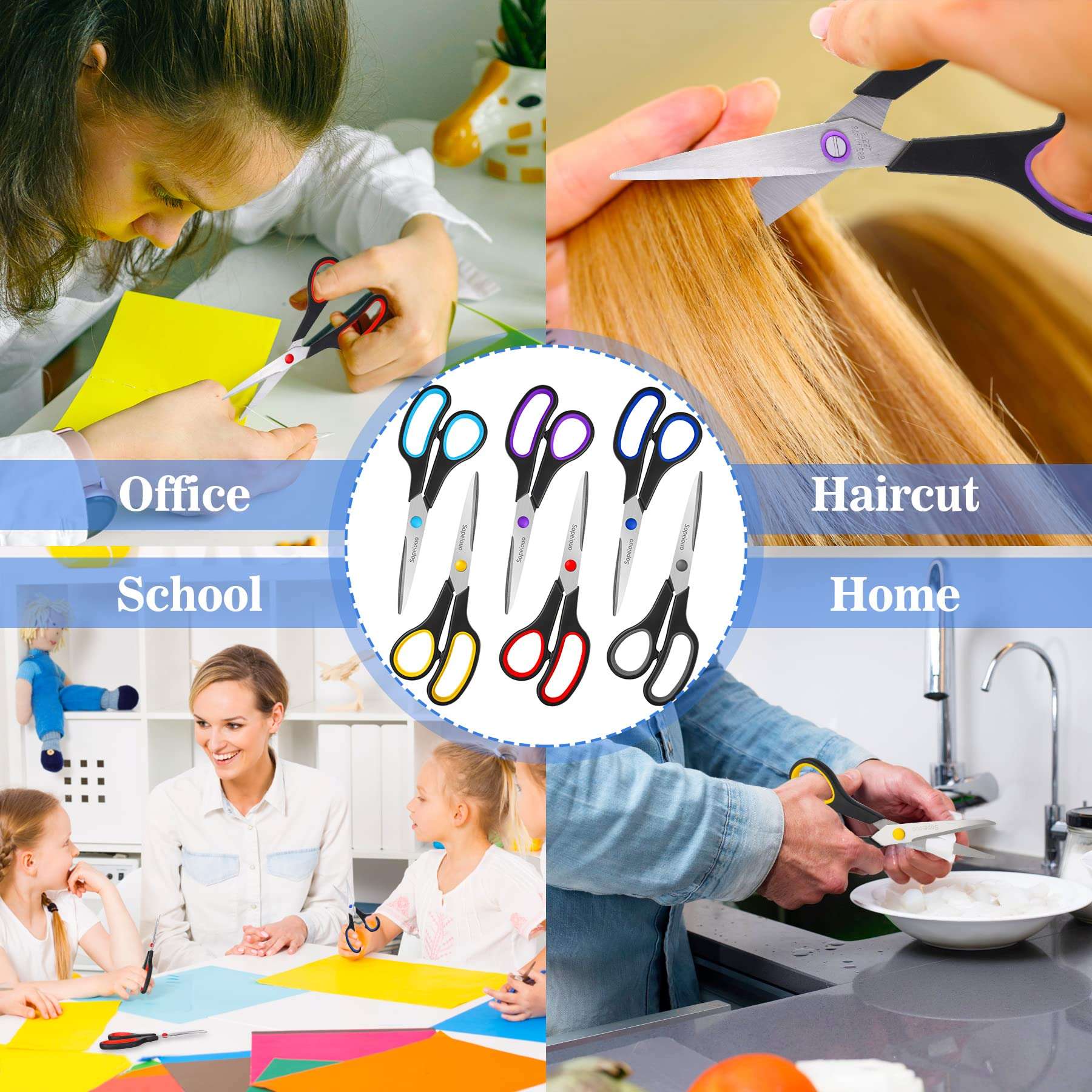 Scissors Set of 6-Pack, 8" Scissors All Purpose Comfort-Grip Handles, Sharp Scissor for Office Home School Craft Sewing Fabric Supplies, High/Middle School Student Teacher, Right/Left Hand - Image 6