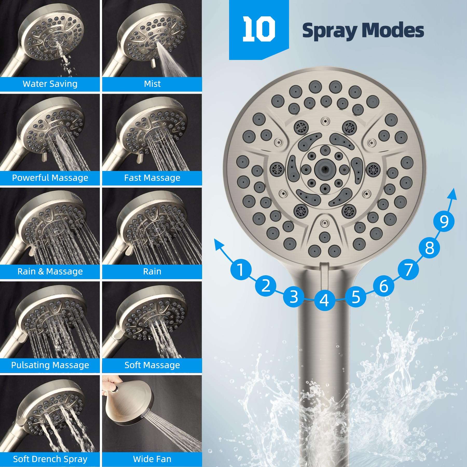 Hibbent 12'' All Metal Shower Head, High Pressure Rainfall Shower Head/Handheld Showerhead Combo/ 12'' Adjustable Curved Shower Extension Arm, 10-Spray, 71'' Adhesive Showerhead Holder, Brushed Nickel - Image 7