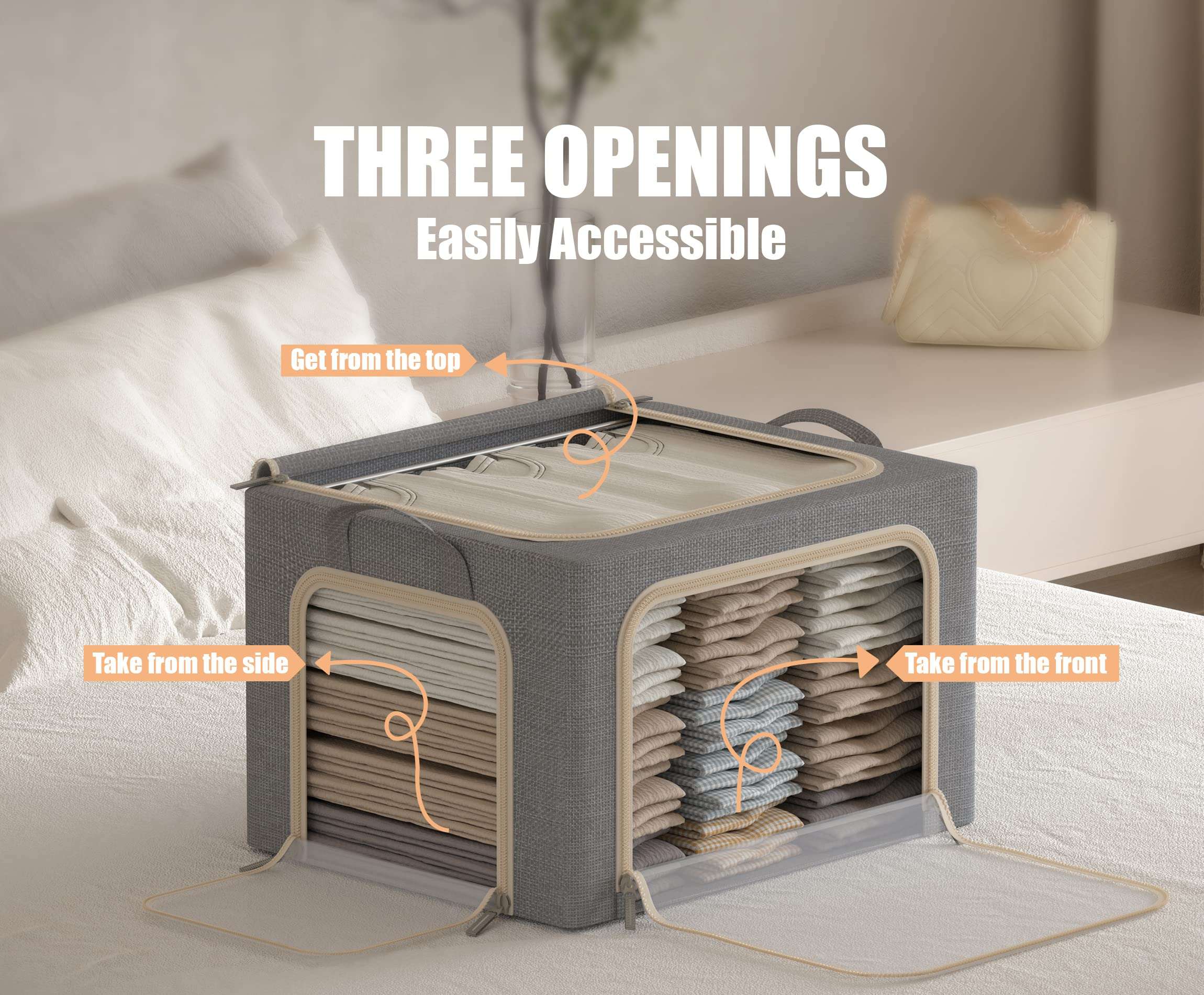 3 Openings Clothes Storage Bins with Metal Frame, Foldable Storage Bin for Clothes, Clothing Storage Bins with Lid, Linen Storage Box With Clear Window＆ Zippers＆ Durable Handles.(3 Pcs,Light Grey,40L) - Image 4