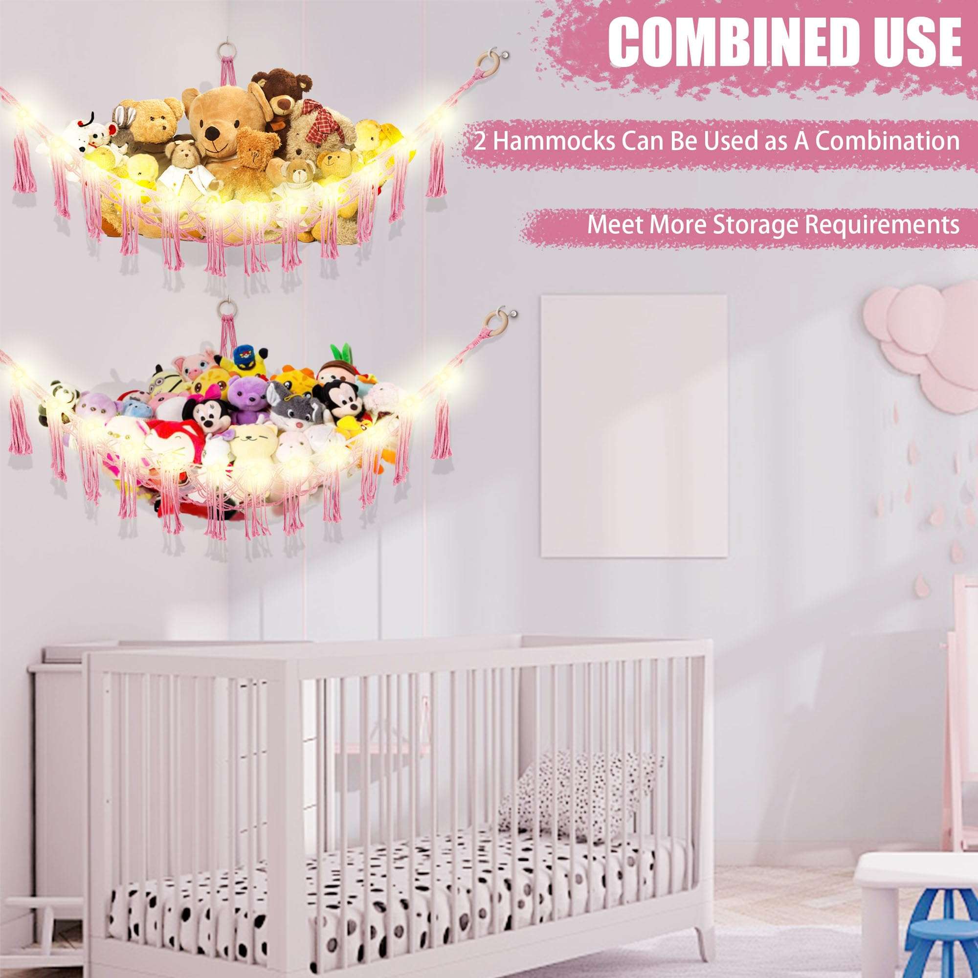 CERETIA Hammock for Stuffed Animals with LED Light, Kids Room Decor Corner, Pink - Image 8
